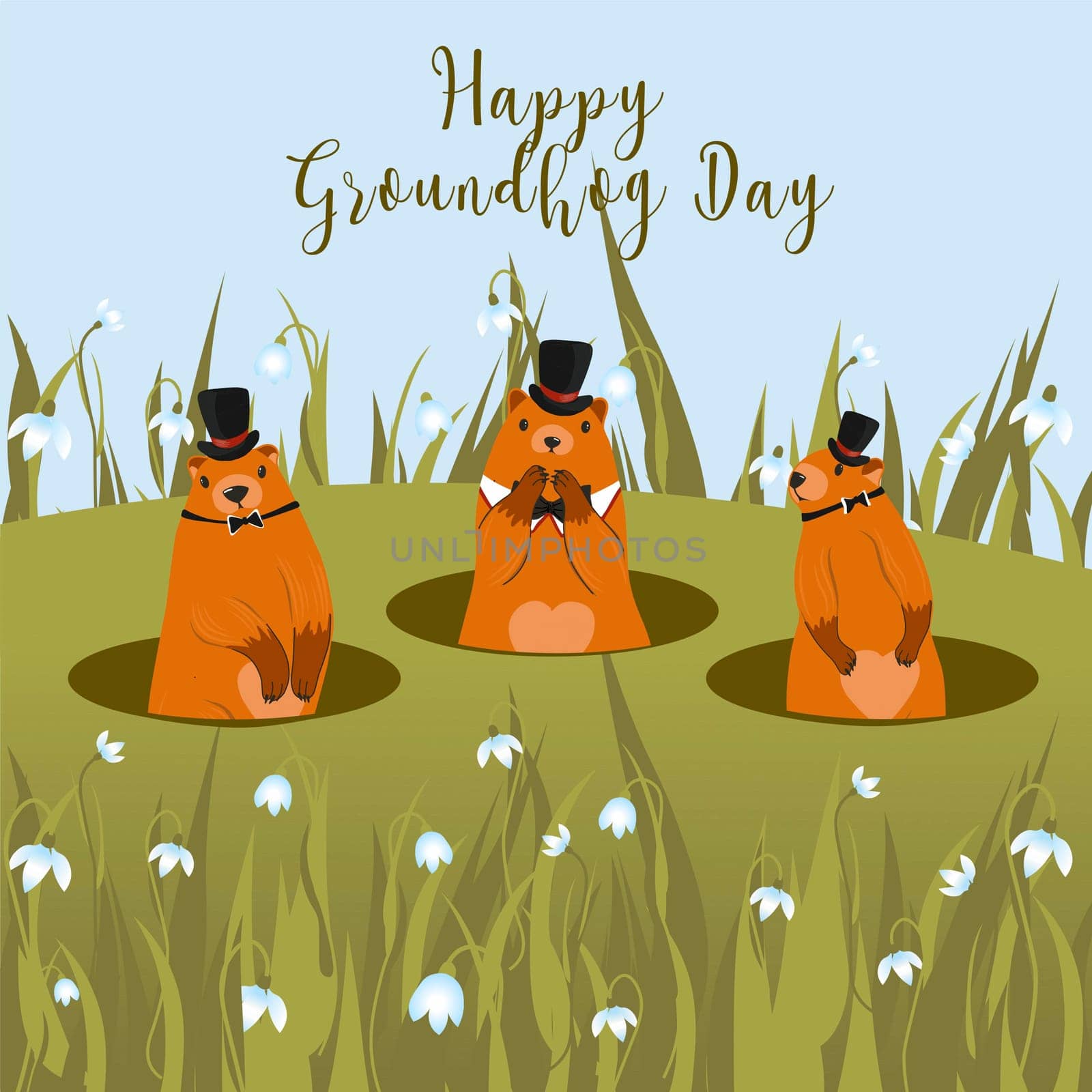 Happy Groundhog Day greeting card. Happy marmot Day Typographic Vector Design with Cute Groundhog Character - Advertising Poster
