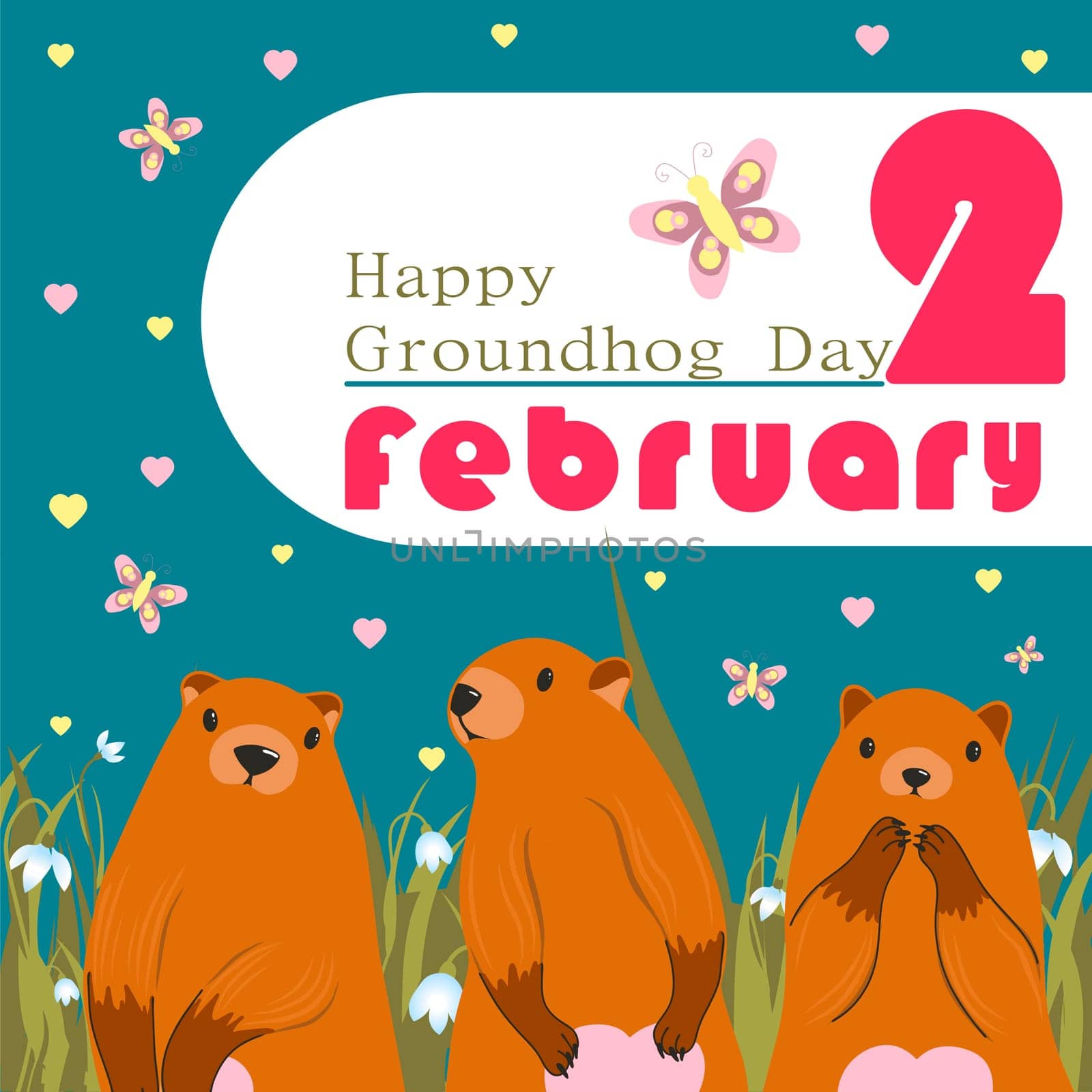 Happy Groundhog Day greeting card. Happy marmot Day Typographic Vector Design with Cute Groundhog Character - Advertising Poster