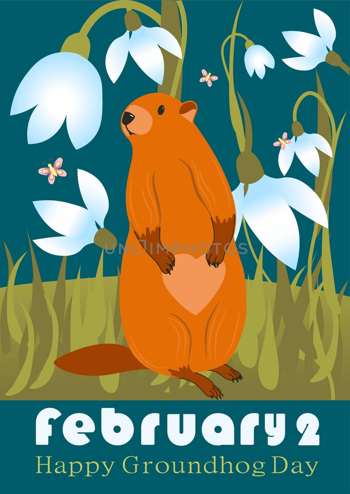 Happy Groundhog Day greeting card. Happy marmot Day Typographic Vector Design with Cute Groundhog Character - Advertising Poster
