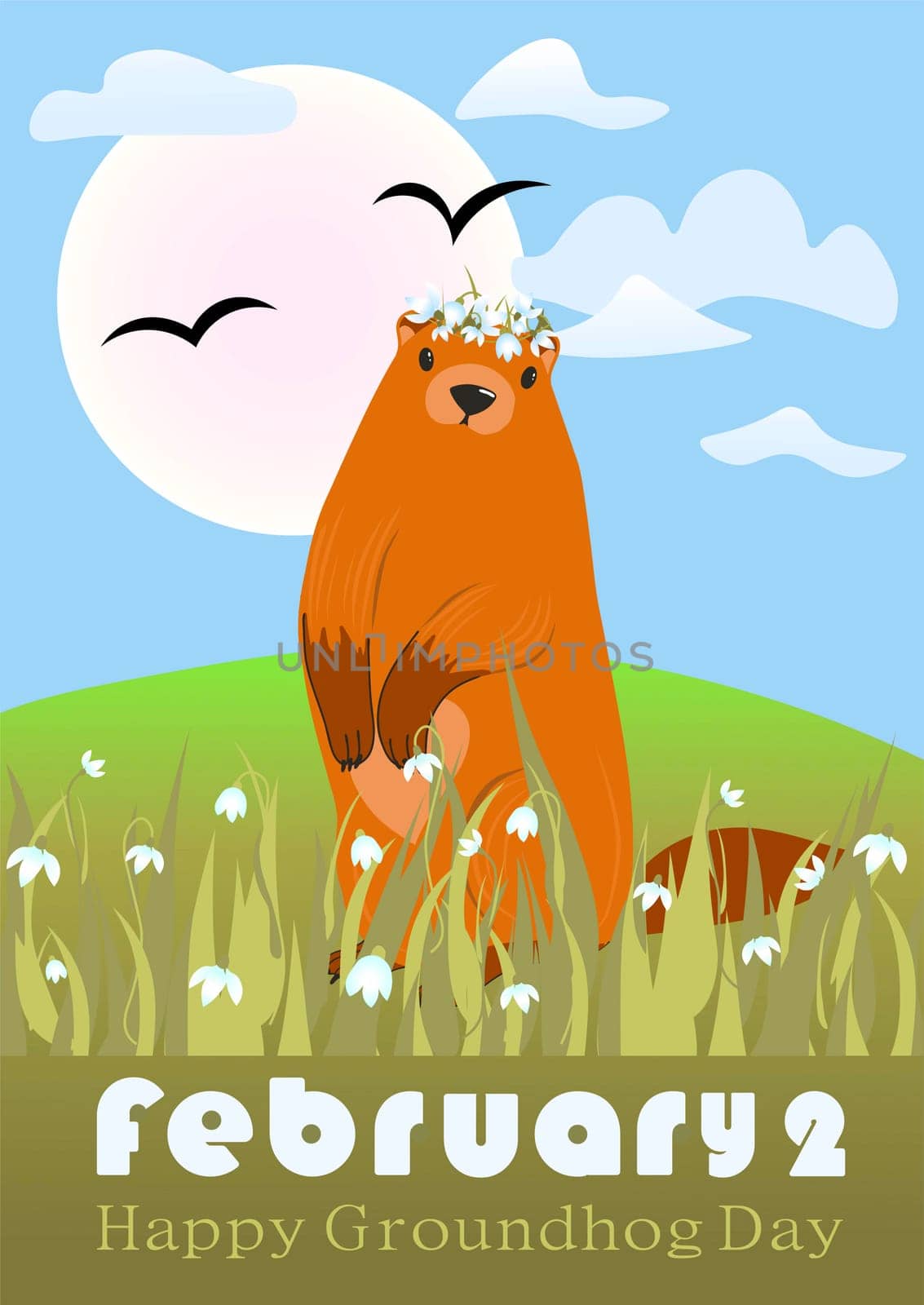 Happy Groundhog Day greeting card. Happy marmot Day Typographic Vector Design with Cute Groundhog Character - Advertising Poster