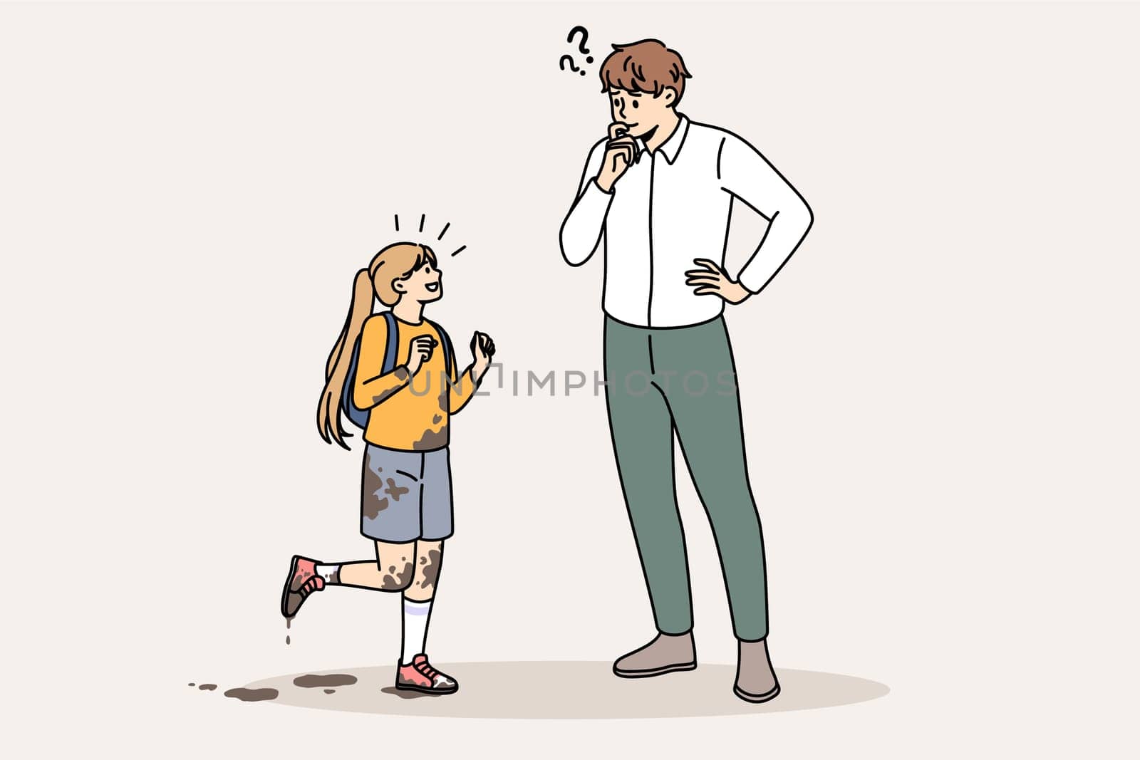 Dirty daughter and frustrated father concept. Small smiling girl all in dirt coming from school with her father meeting her with frustrated face vector illustration