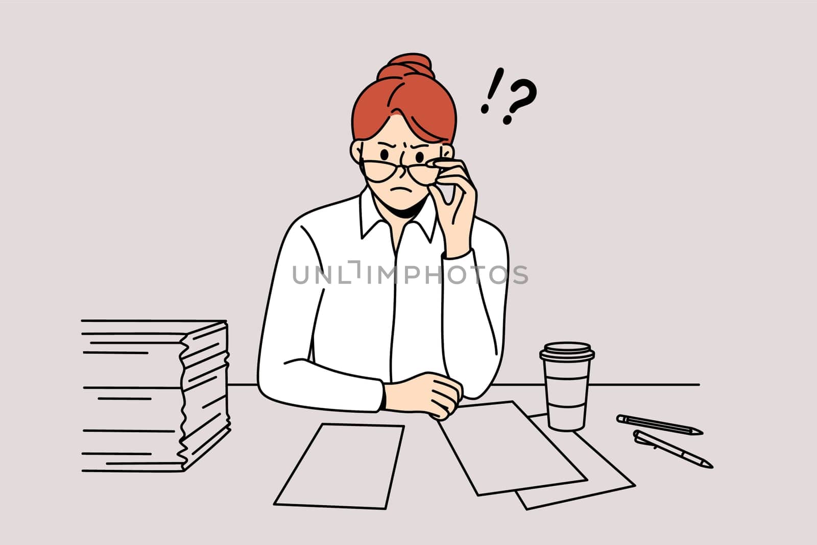 Angry woman boss and indignation concept. Furious angry woman director in glasses sitting and looking at partner with papers and coffee nearby vector illustration