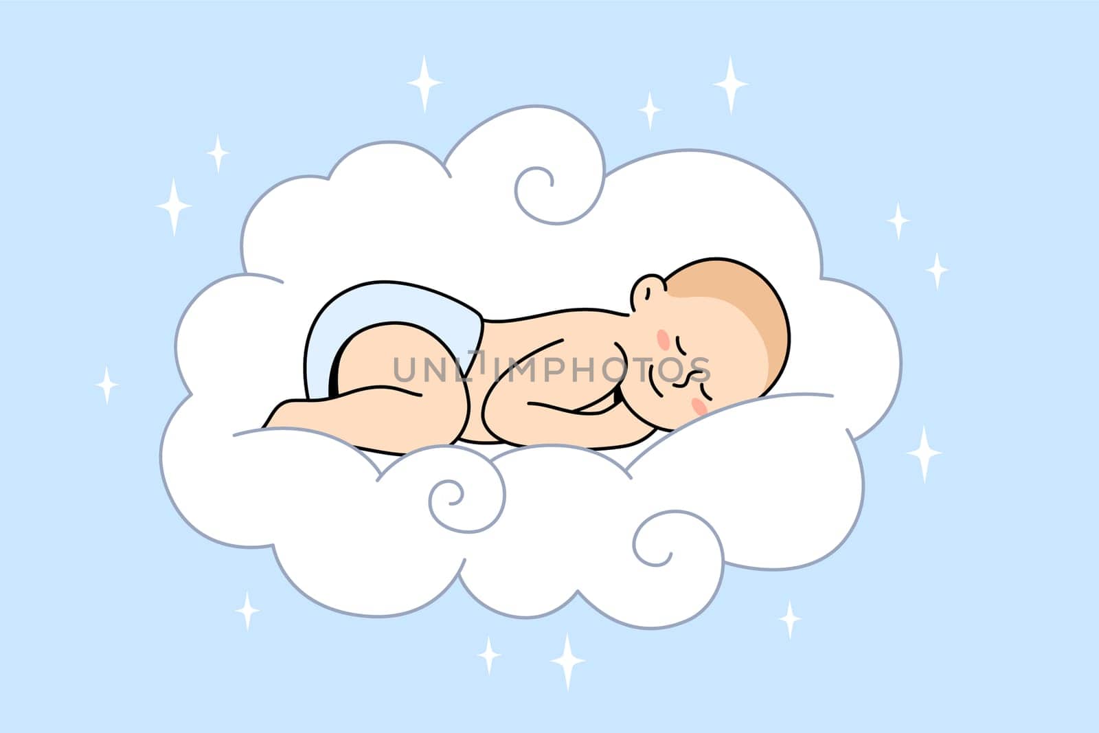 Happy childhood and sweet dreams concept. Small baby infant sleeping like angel in sweet white fluffy cloud having sweet dreams vector illustration