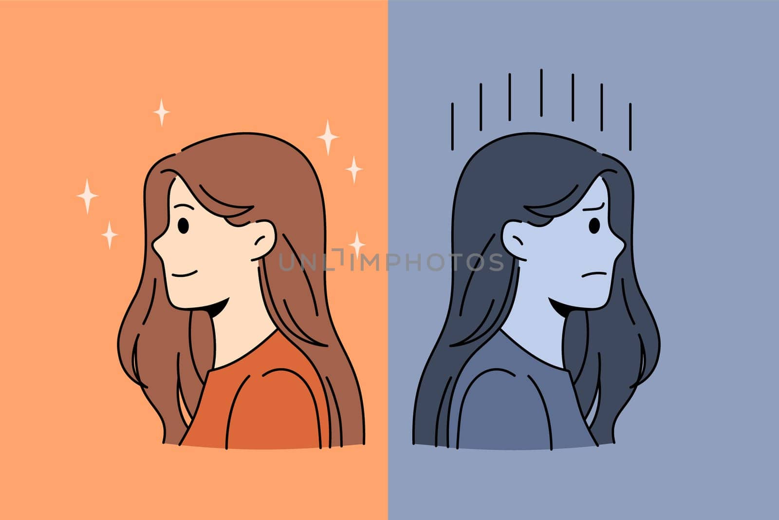 Good or bad mood concept. Profile portraits of smiling positive happy girl and gloomy depressed with negative thoughts vector illustration