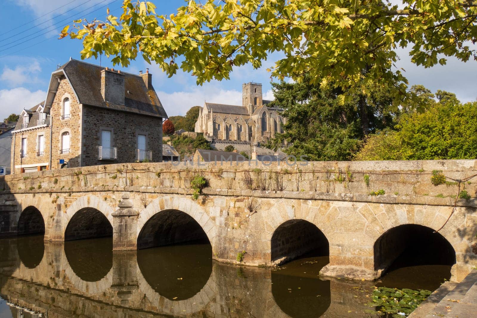 Lamballe town, stone bridge and church, Brittany, France
