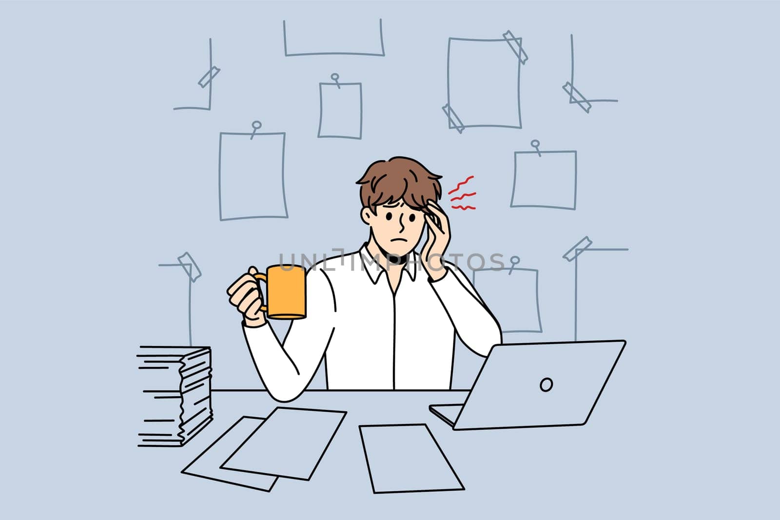 Office job and headache concept. Young man office worker sitting at laptop with papers and coffee having head ache touching temple feeling pain vector illustration