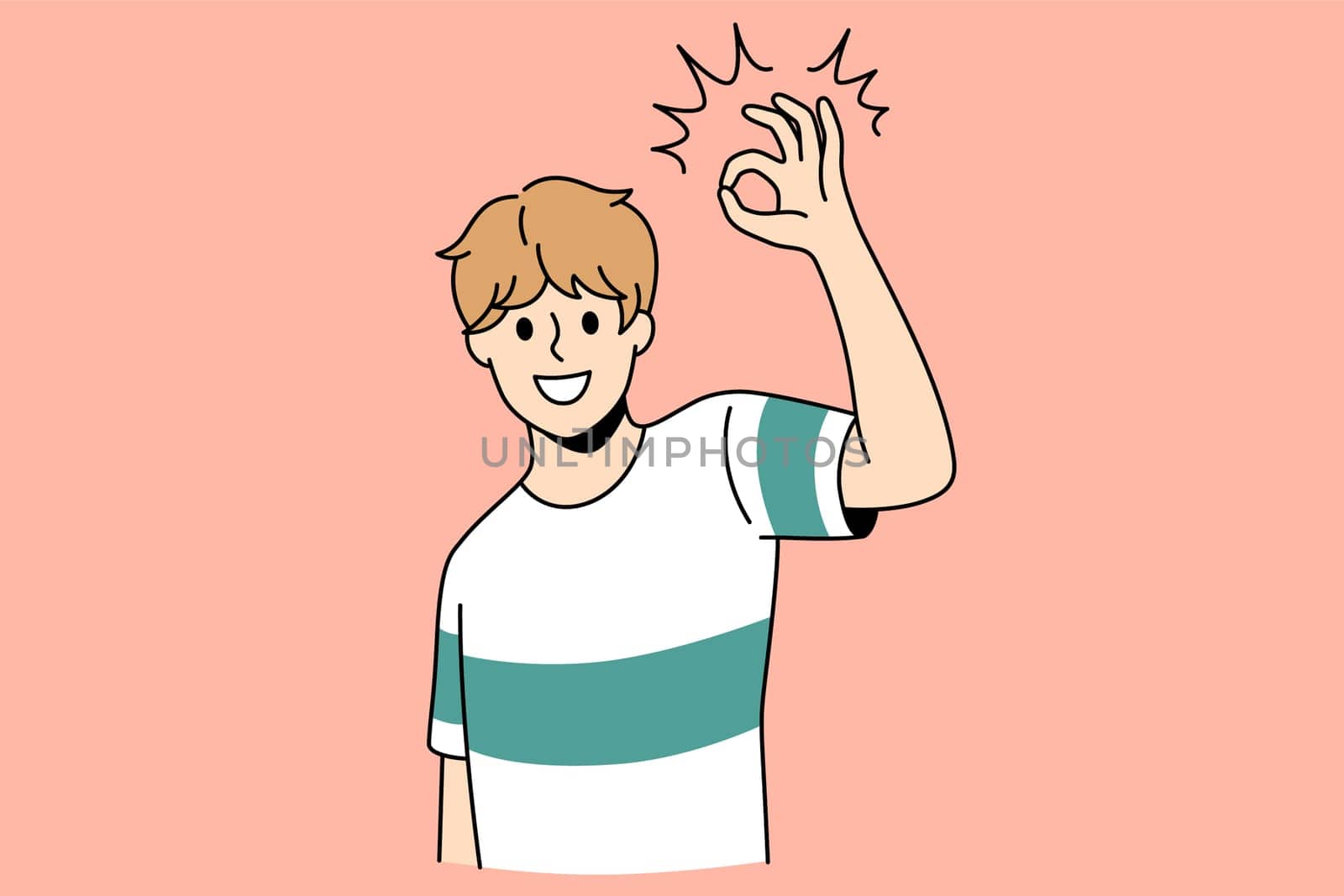 Ok and good luck sign concept. Smiling positive boy wearing t-shirt standing showing ok good sign with fingers feeling cheerful vector illustration