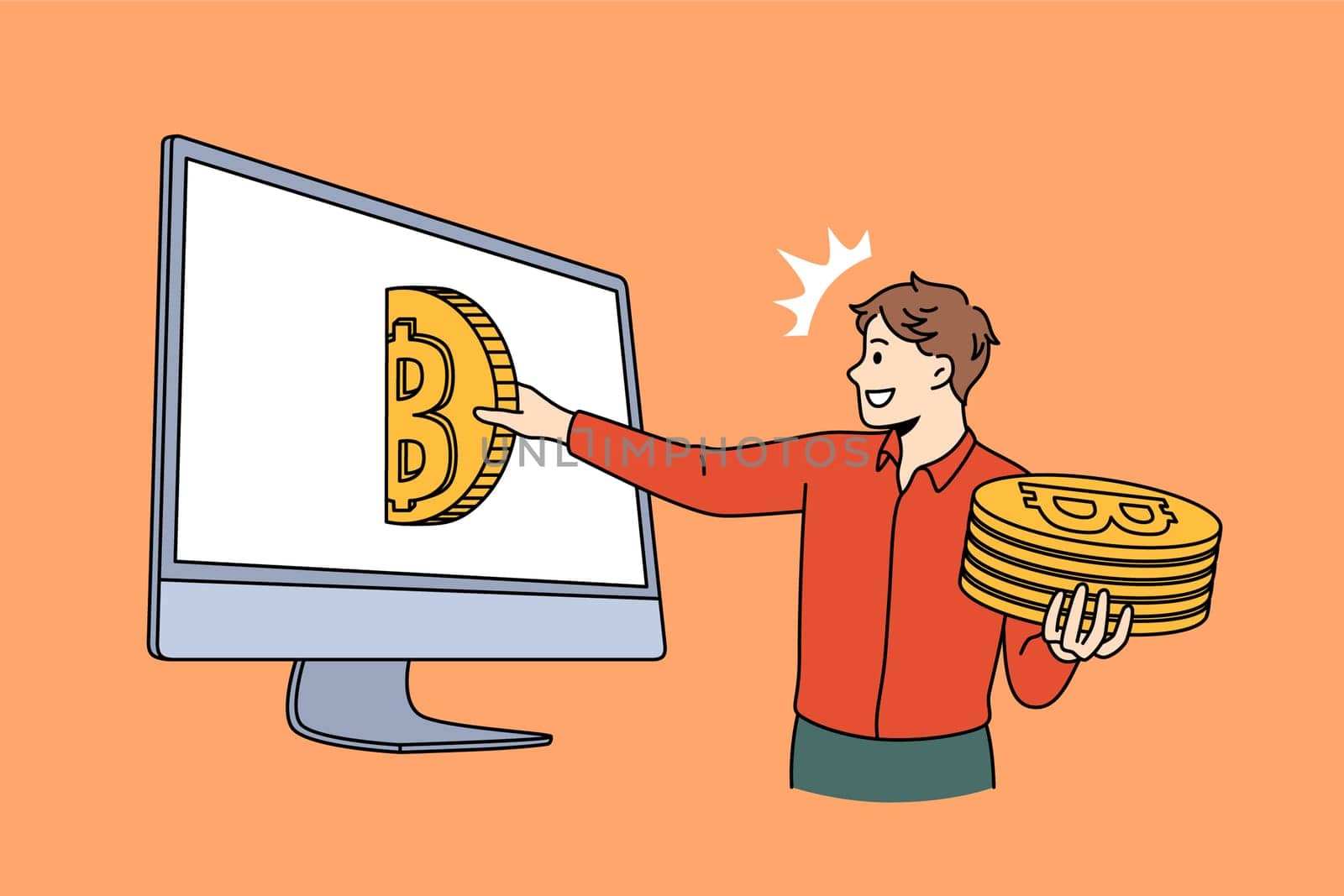 Bitcoin and cryptocurrency profit concept. Smiling man standing and taking out golden bitcoin coins from laptop screen making money vector illustration