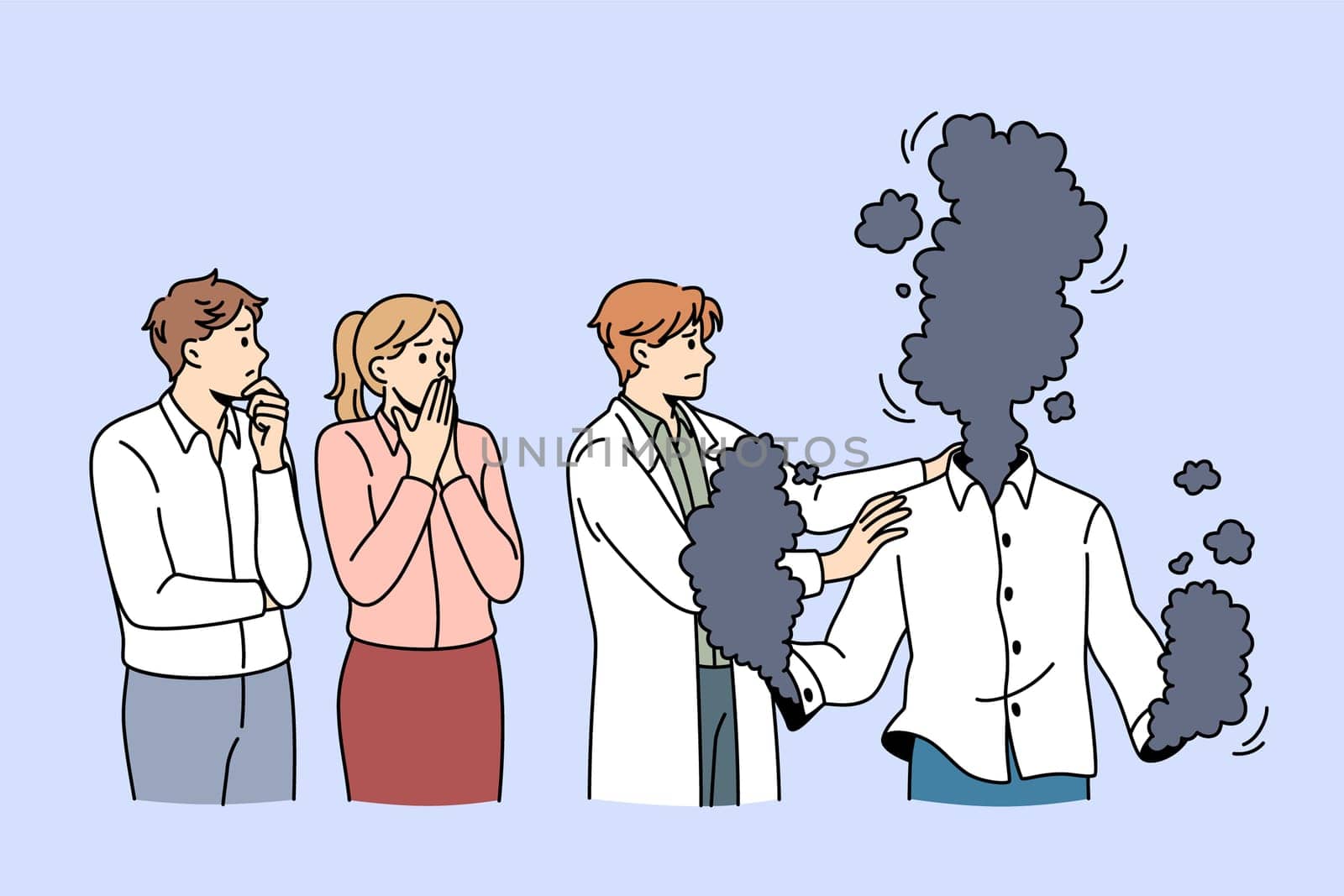 Physical injuries and burns concept. Group of shocked people standing looking at man doctor trying to help burning man with injuries with smog instead of head and hands vector illustration