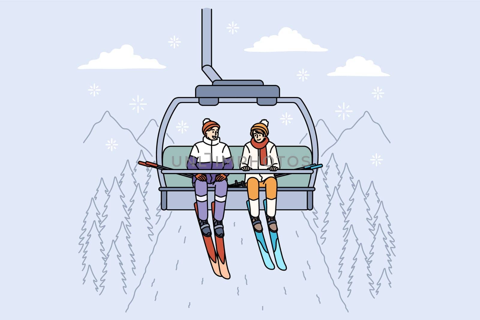 Ski lift and winter activities concept. Positive young people skiers riding up on ski lift to slide down hills in mountains outdoors enjoying conversation vector illustration