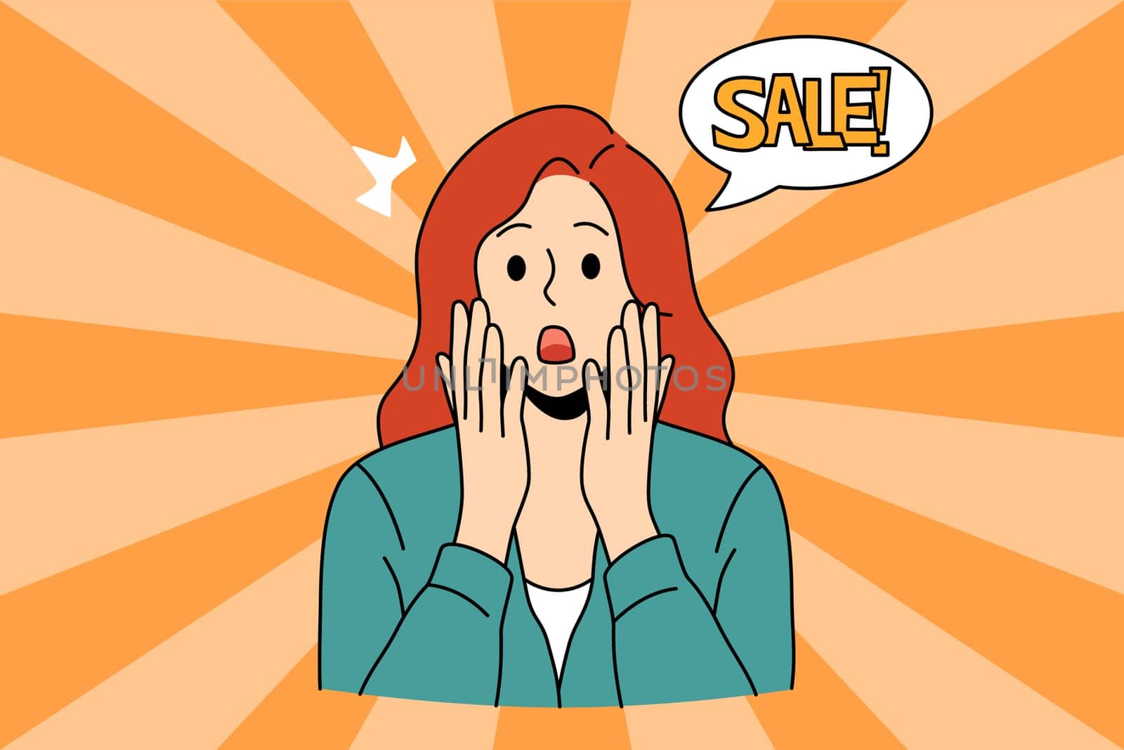 Sale marketing and promotions discount concept. Portrait of young amazed surprised shocked woman with sale lettering aside touching face vector illustration