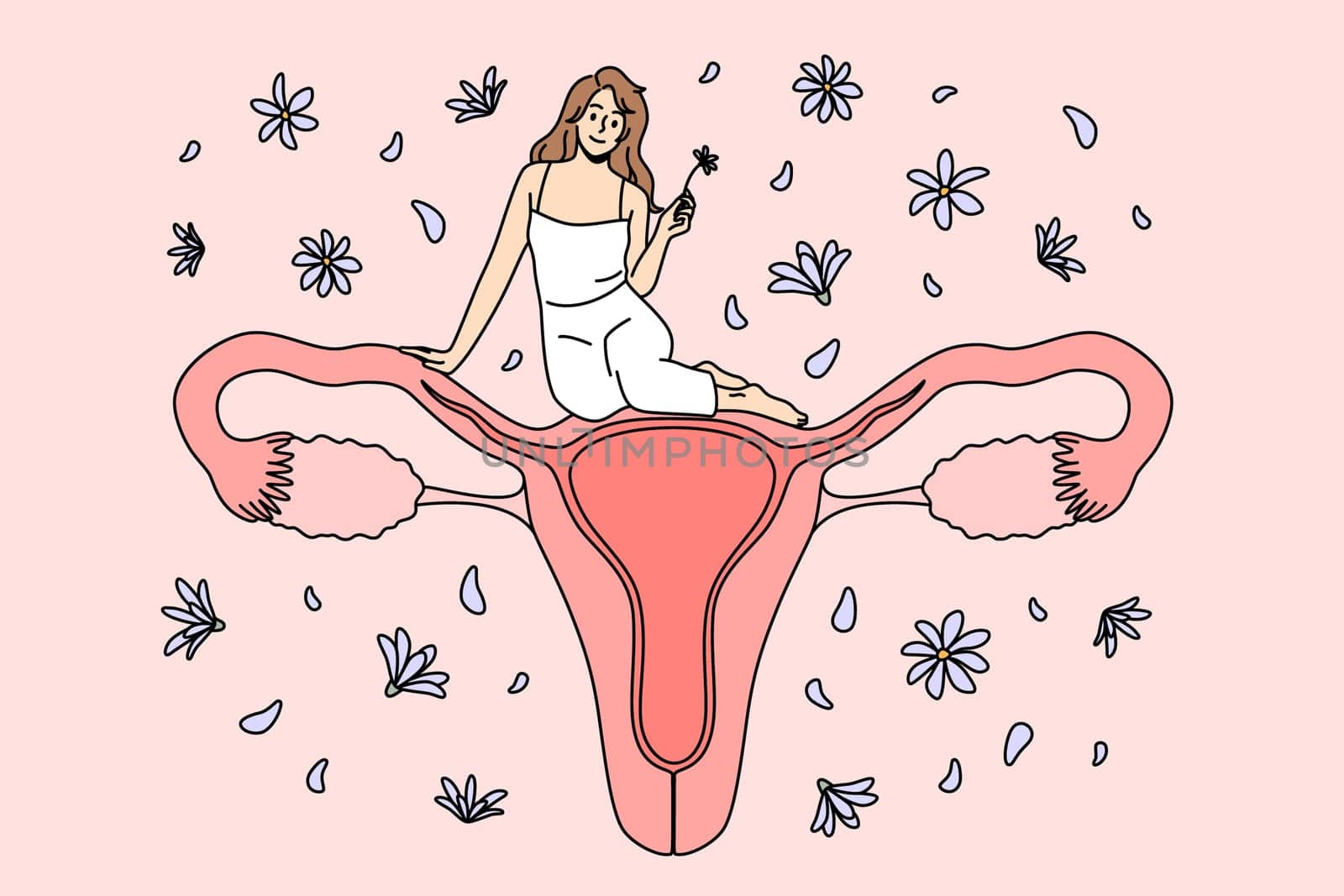 Female reproductive system health concept. Small tine positive pretty woman sitting on huge female healthy uterus feeling confident vector illustration