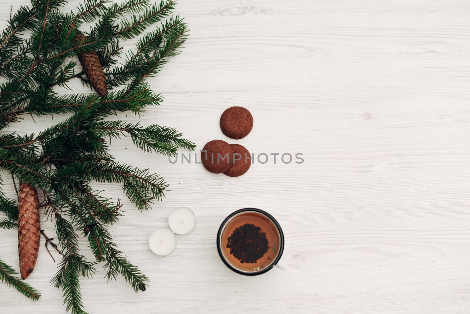 Decoration of Christmas Tree Green Branches on a White Background with Copy Space