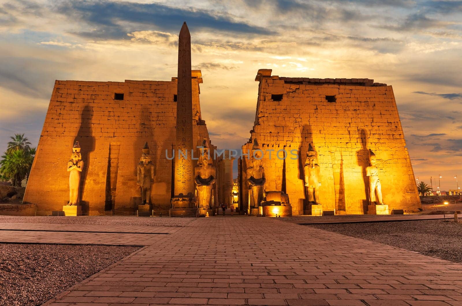 Famous Luxor Temple of Egypt, main entrance evening view.