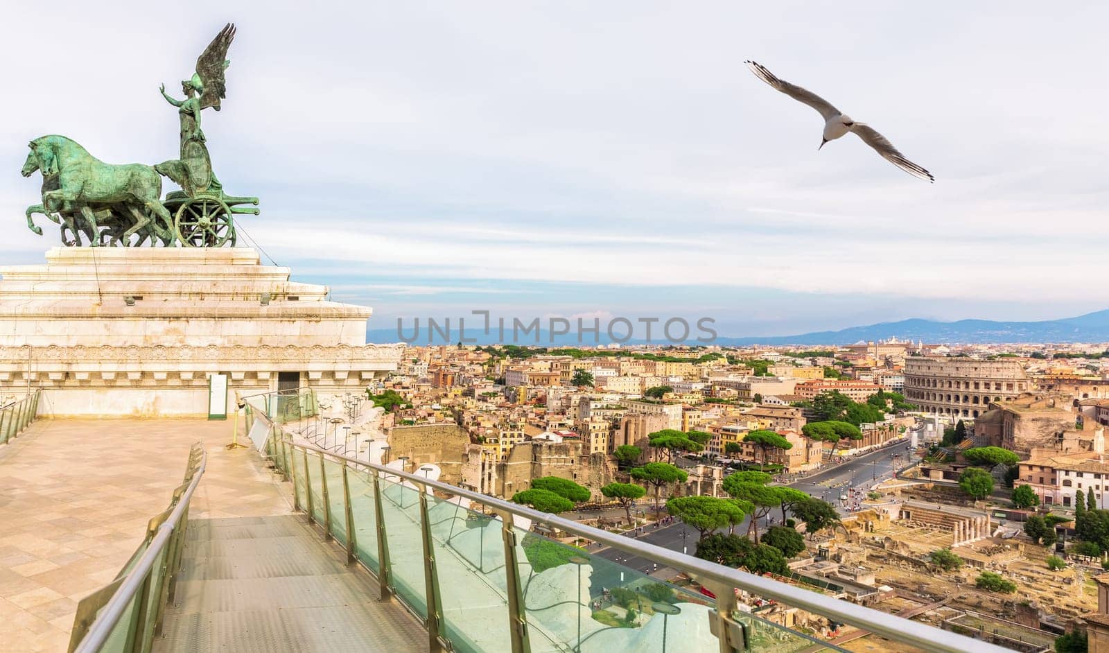 Roof of the Victor Emmanuel II National Monument, the Quadriga of Unity on the summit of one of the two propylaea, Rome, Italy.