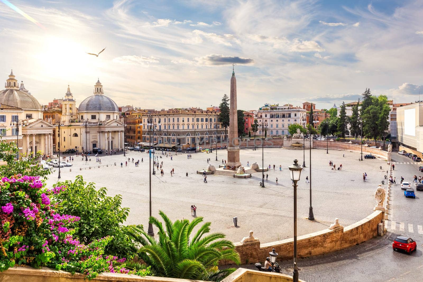 View on Piazza del Popolo with the Egyptian Obelisk, fountains and Twin Churches, Rome, Italy.