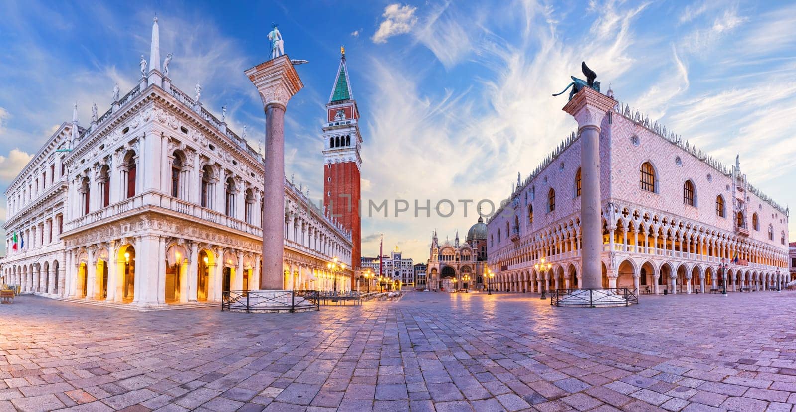 Doge's Palace, Library of Saint Mark and the Columns of Saint Mark and Saint Theodore, panorama of Venice, Italy.