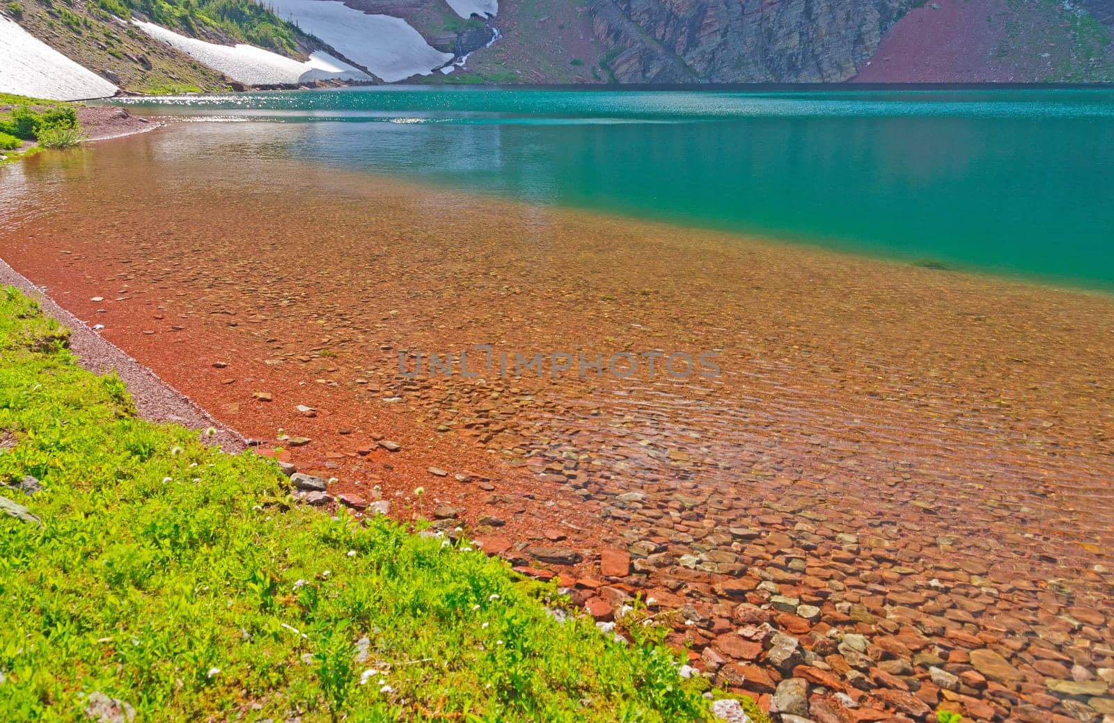 Red Rocks in A Blue Lake in Lake Okatomi in Glacier National Park in Montana