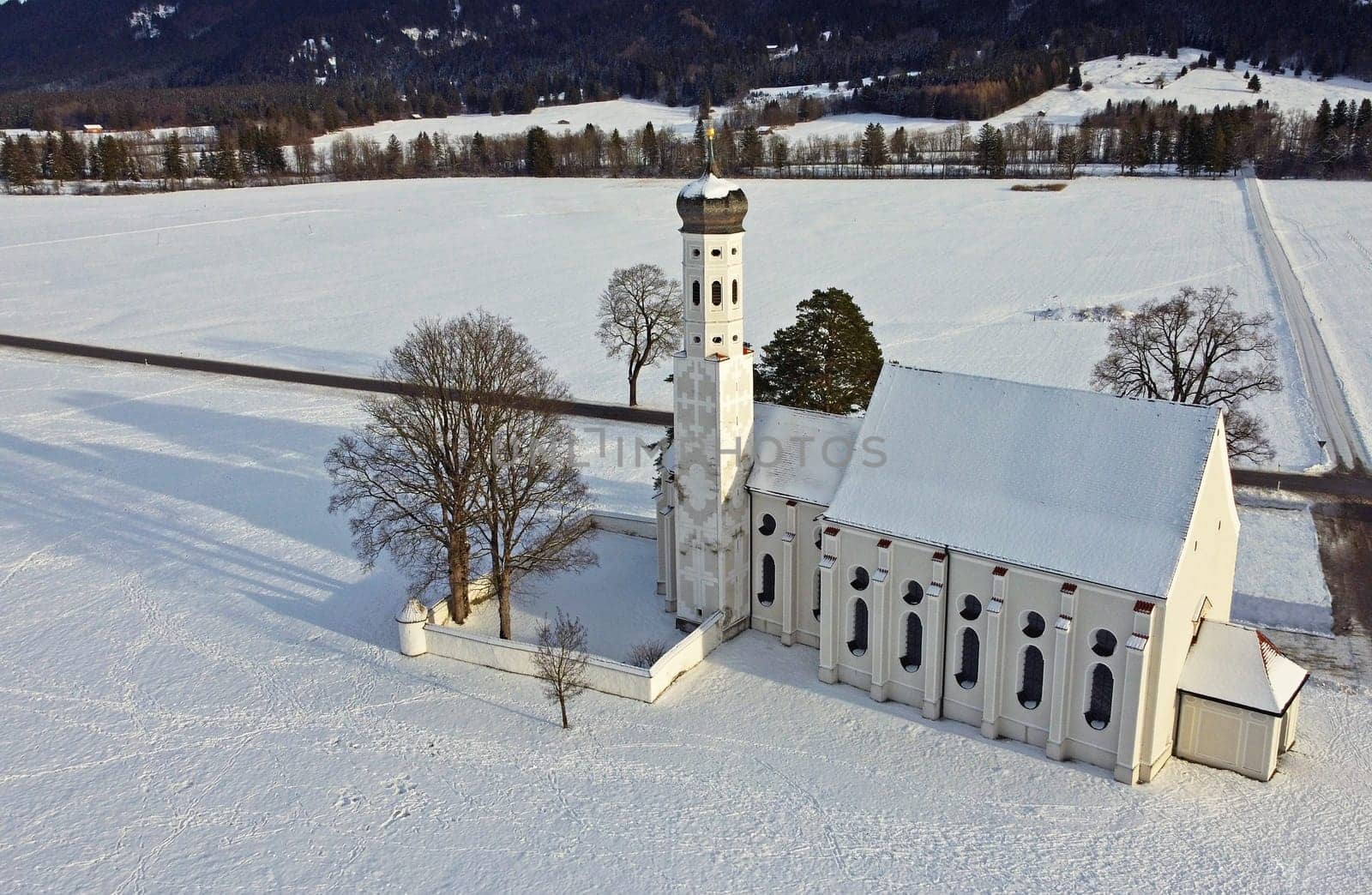 Drone shot of the famous baroque Colomanskirche near Schwangau in Bavaria in winter