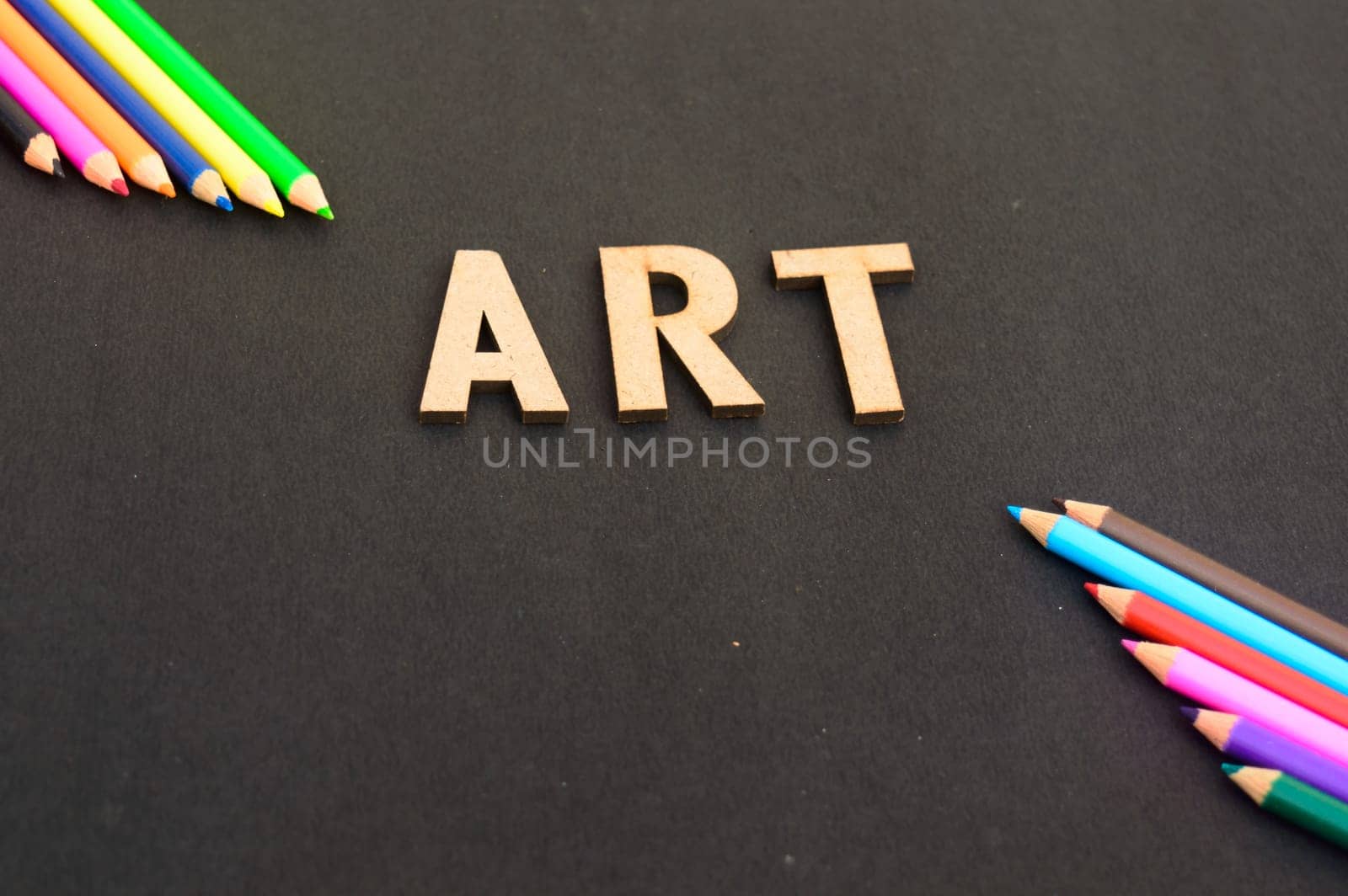 Art design background with color pencils and typography lettering. Educational illustration for ideal poster, web, cover, ad, greeting, card, social media, promotion.