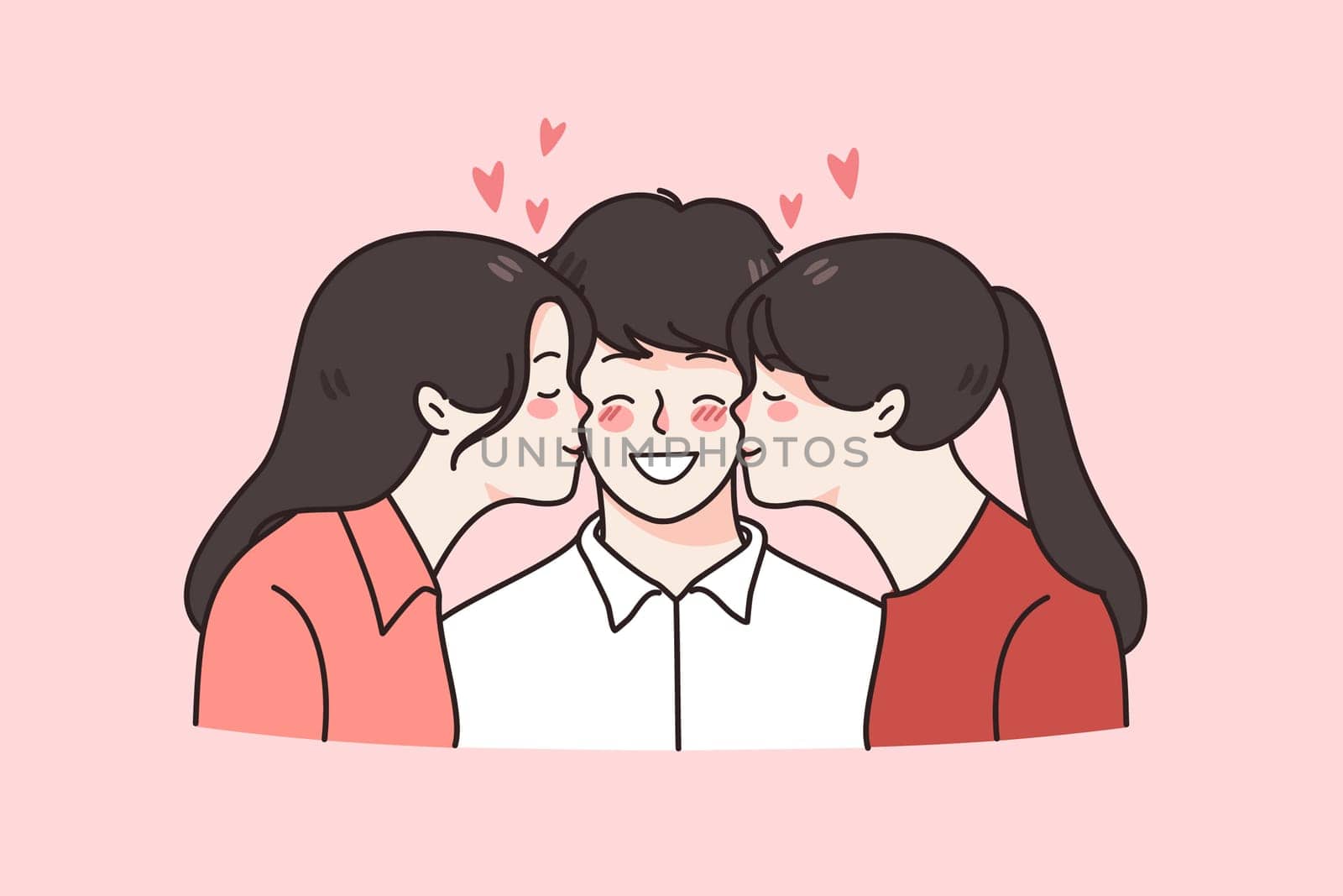Overjoyed young man kissed by beautiful women in cheeks. Girls show love and affection to happy guy. Relationship triangle concept. Ladies flirt with successful businessman. Vector illustration.