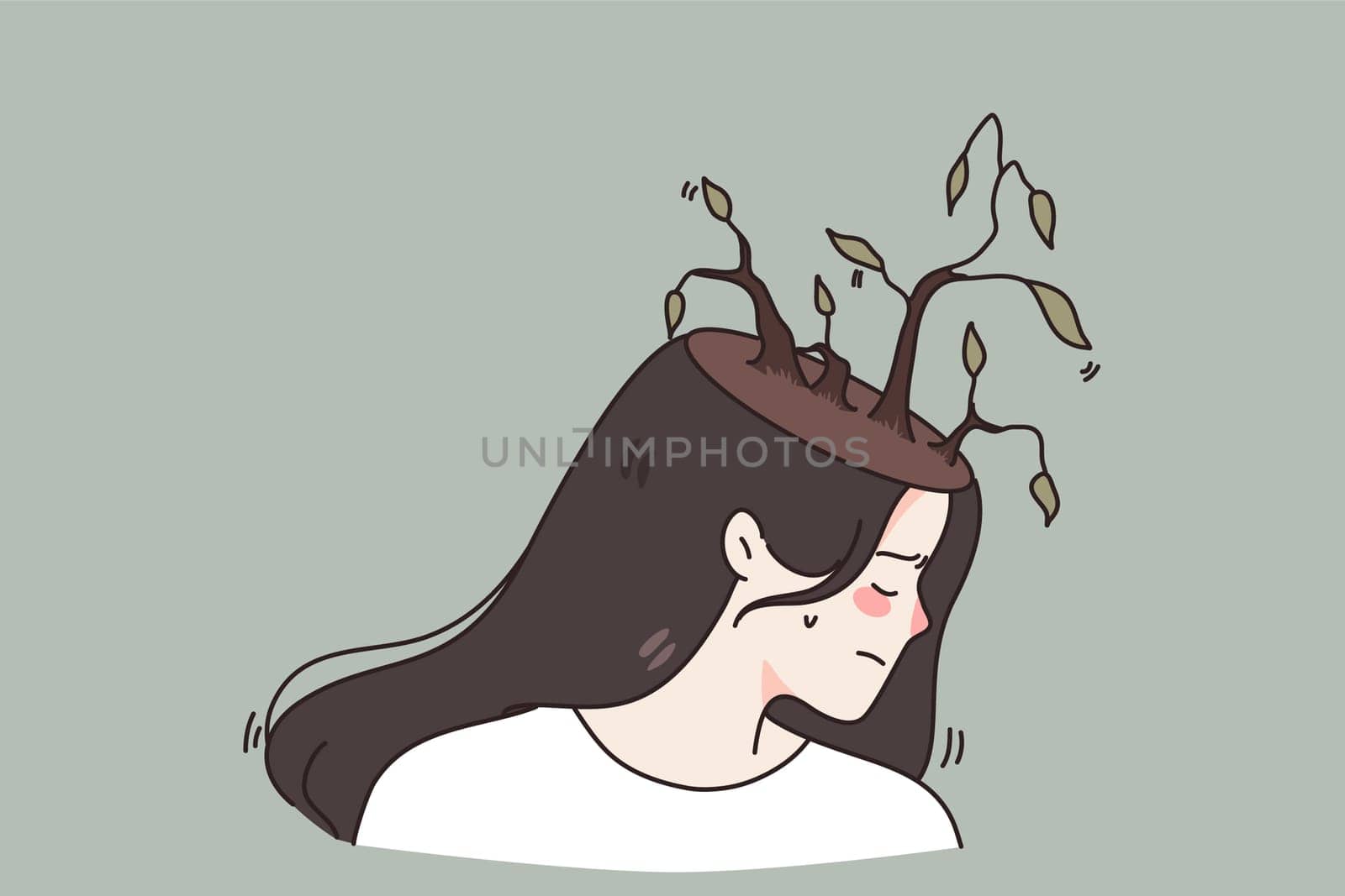 Unhappy young woman with bare desert trees on head suffer from mental psychological problems. Upset stressed girl struggle with depression or despair need help. Healthcare. Vector illustration.