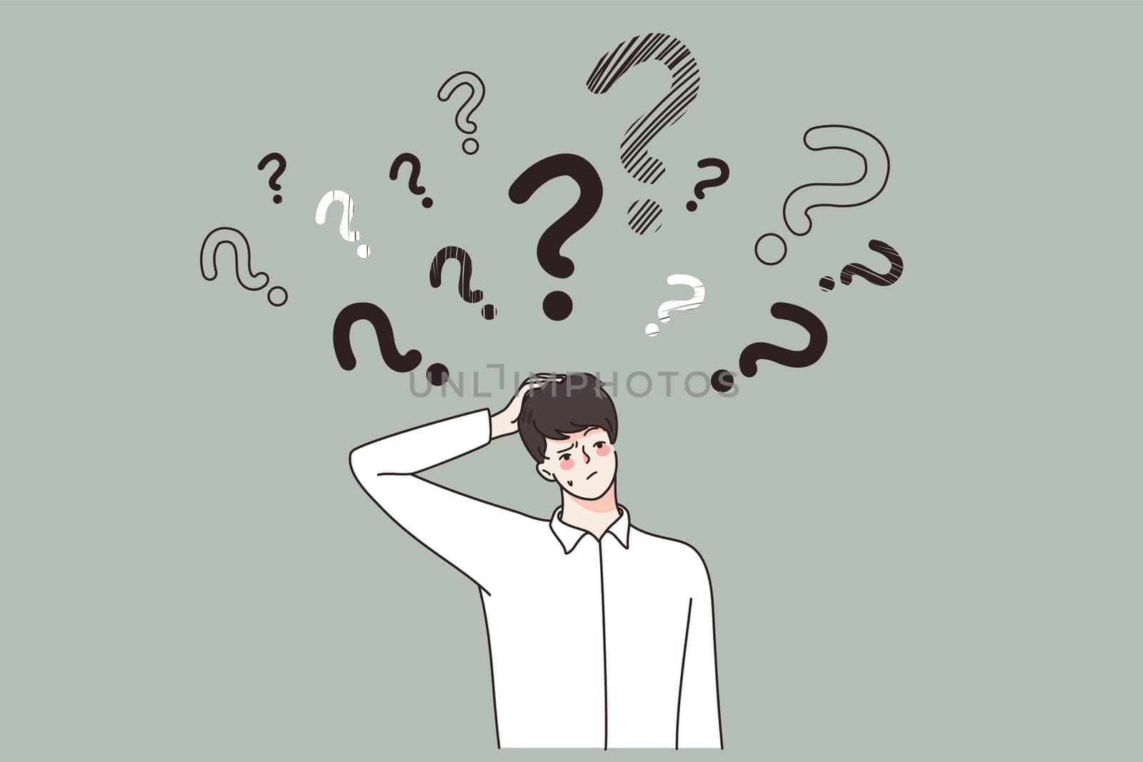 Pensive young businessman feel frustrated confused make decision or plan. Thoughtful man employee or worker thinking pondering of problem solution. Trouble solving concept. Vector illustration.