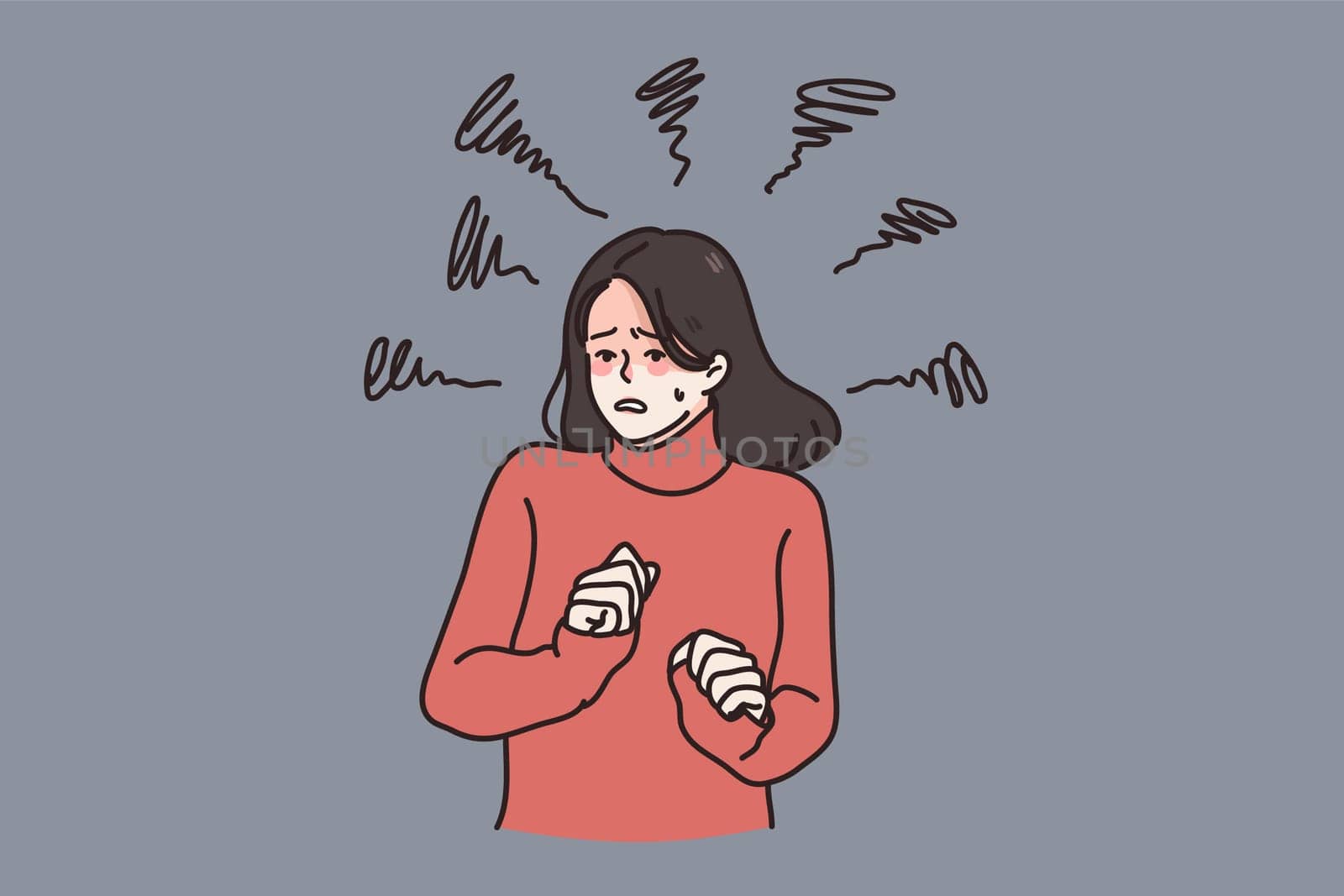 Anxious unhappy woman feel scared depressed suffer from mental psychological disorder. Upset worried female struggle with depression or anxiety panic attack. Healthcare concept. Vector illustration.
