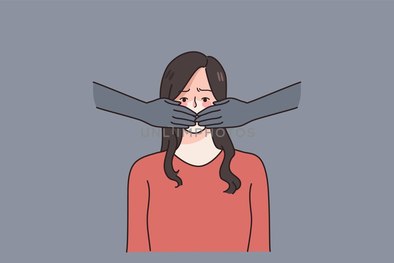 Hands cover scared woman mouth forbid ban to speak or share thoughts. Stressed girl suffer from gender discrimination or domestic violence or abuse. Freedom of speech. Flat vector illustration.