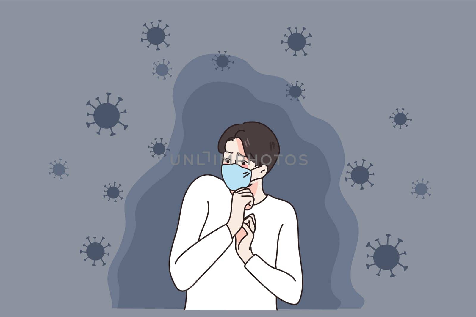 Scared young man in facemask afraid of covid-19 infection. Terrified guy in facial mask frustrated with corona virus spread. Coronavirus pandemics. Healthcare and medicine. Vector illustration.
