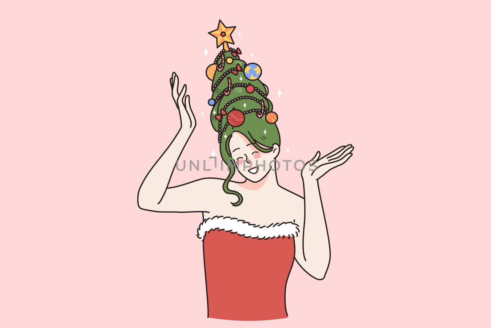 Happy young woman with Christmas tree hat on head celebrate audience with winter holidays. Smiling female model in Santa Claus sexy costume congratulate with New Year. Vector illustration.