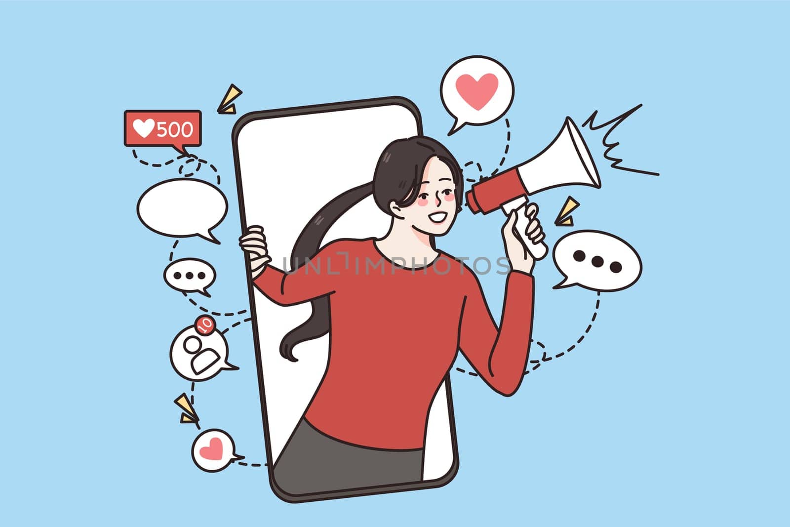Smiling woman influencer scream in loudspeaker make advertisement in social media on smartphone. Successful girl blogger advertise online on cellphone. Marketing and promotion. Vector illustration.