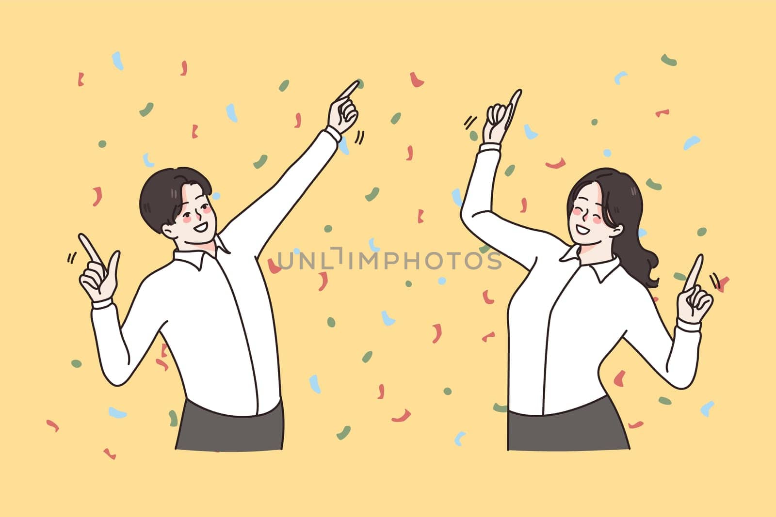Overjoyed diverse colleagues dance together celebrate shared business win or victory at work. Smiling employees or workers have fun enjoy successful deal. Teamwork, success. Vector illustration.