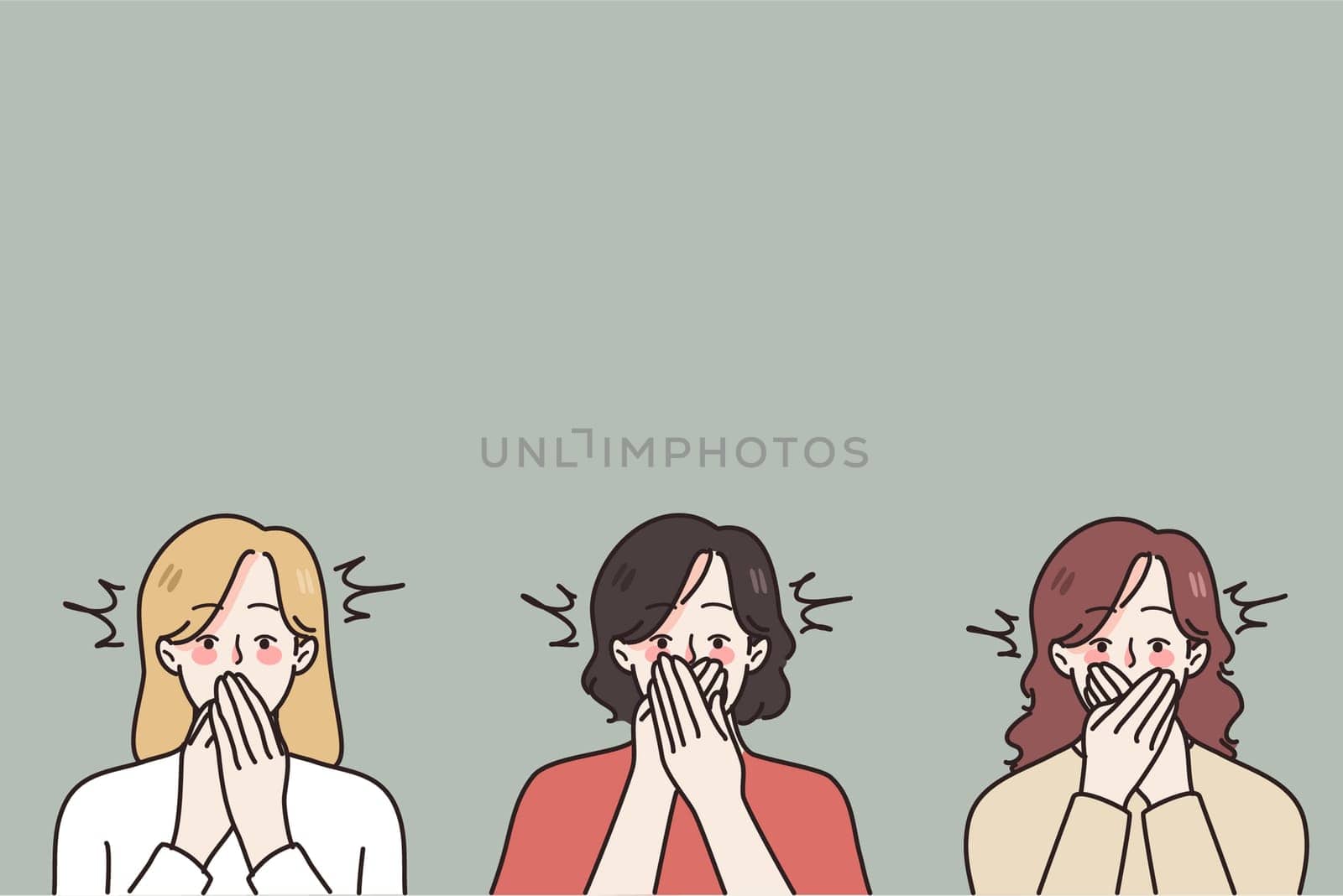 Diverse women cover mouth with hands scared to speak about gender discrimination. Terrified females feel afraid to share about domestic violence or harassment. Freedom of speech. Vector illustration.