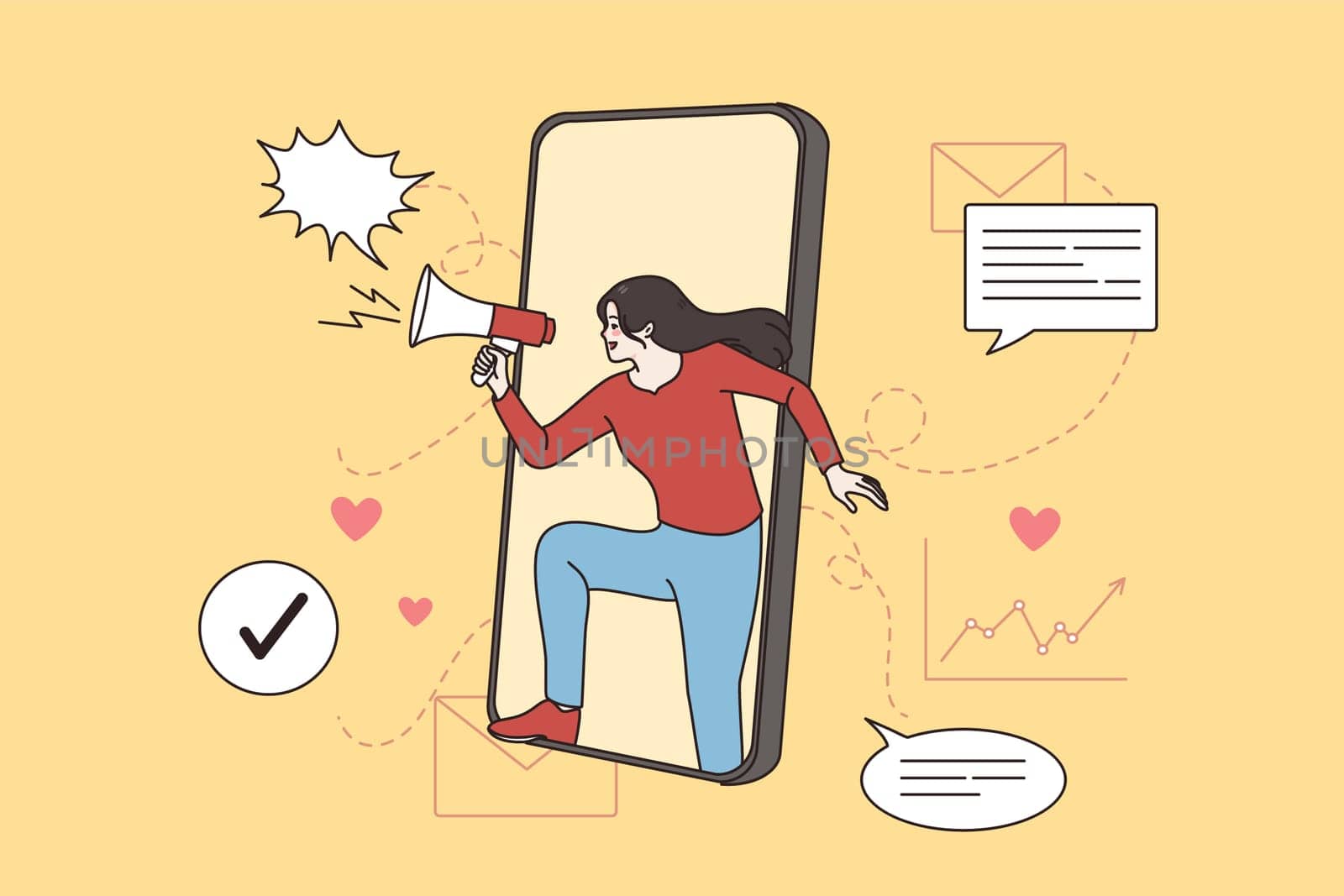 Woman blogger hold megaphone make sale or promotion announcement on smartphone. Female influencer advertise online on social media on cellphone. Target advertisement. Flat vector illustration.