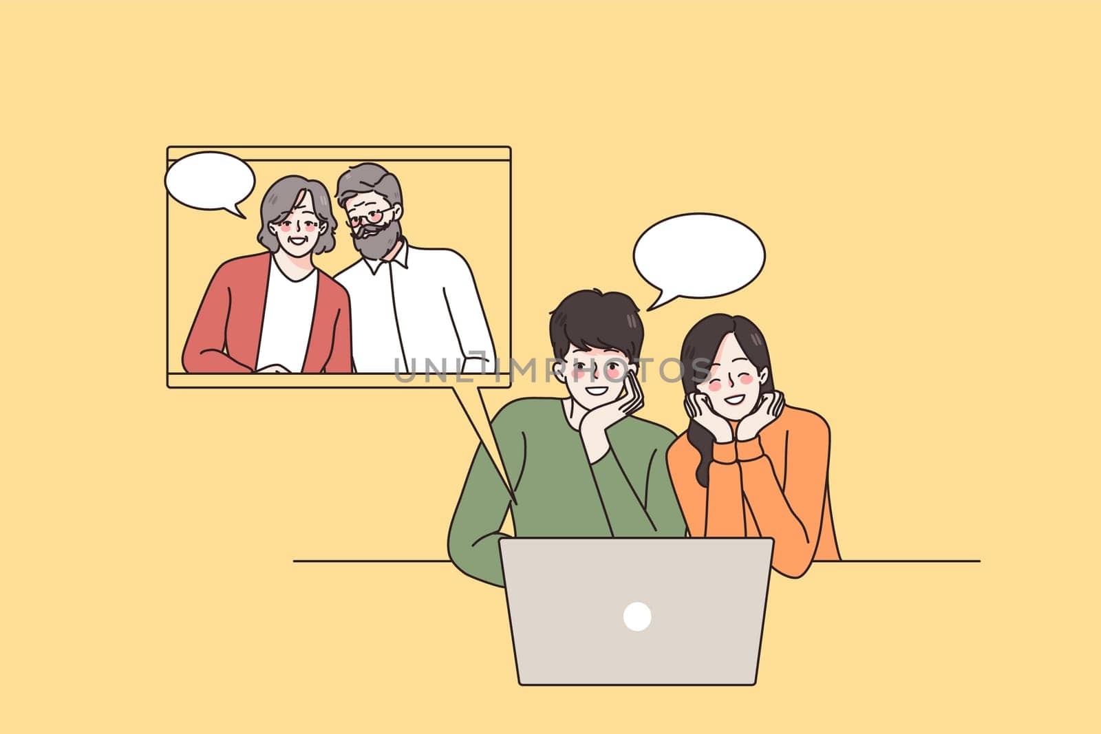Happy young couple talk speak on video call on computer with old parents. Smiling man and woman have webcam digital virtual communication on laptop with aged relatives. Flat vector illustration.
