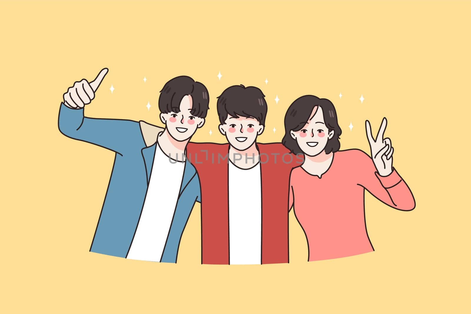 Portrait of happy diverse best friends hug stand together for picture. Smiling young people feel cheerful. Youth or student community. Friendship concept. Vector illustration, cartoon character.