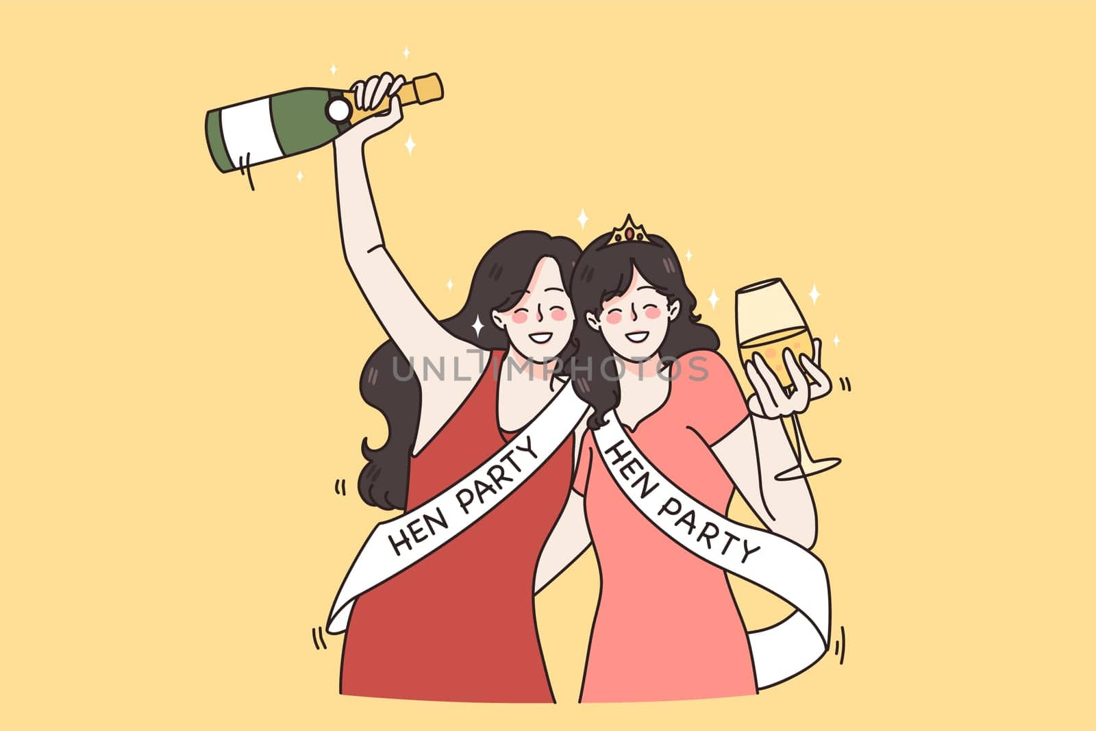 Smiling girlfriends drink champagne celebrate hen party together. Happy young women in dressed have fun at bachelorette celebration. Marriage and engagement. Bride to be. Flat vector illustration.