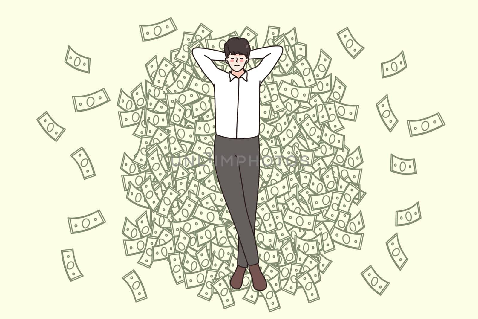 Happy young businessman lying on money pile feel overjoyed with financial success and stability. Smiling man employee on stack with banknotes get dividend from investment. Flat vector illustration.