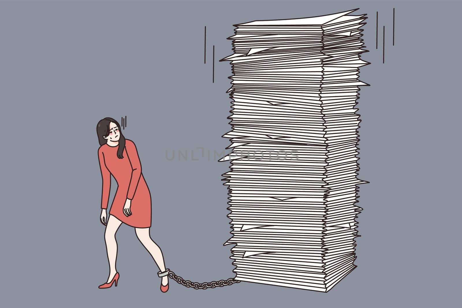 Stressed businesswoman tied by work burden, try to manage meet deadline. Woman employee or worker suffer from workload in office, have stack or paperwork or documents. Vector illustration.