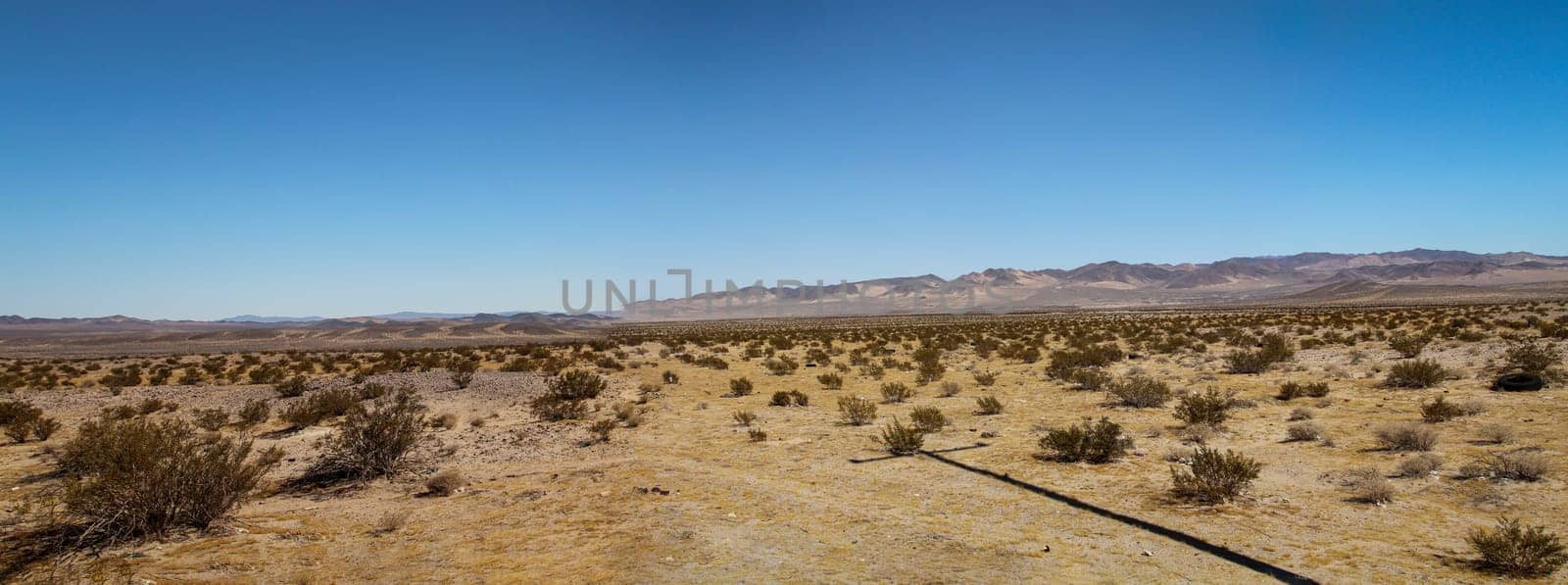 View of the desert in Nevada. Lots of sand, mountains and little vegetation.