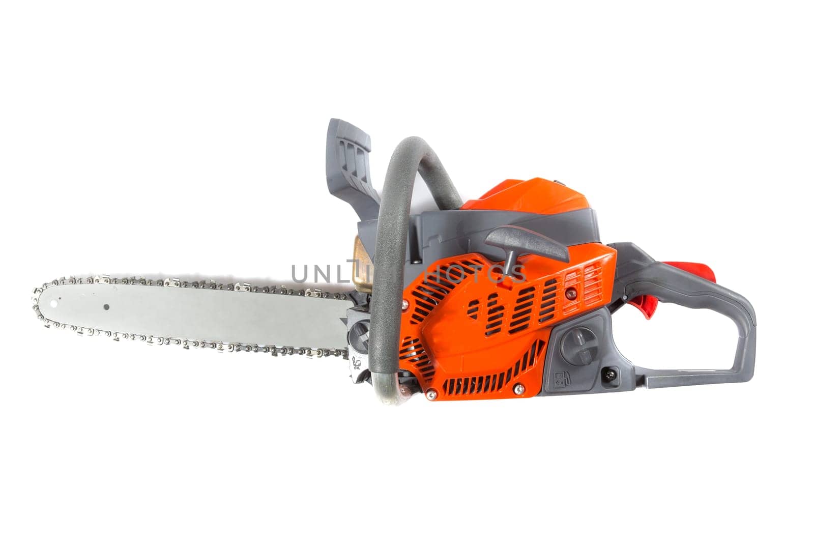 red new chainsaw on a white background