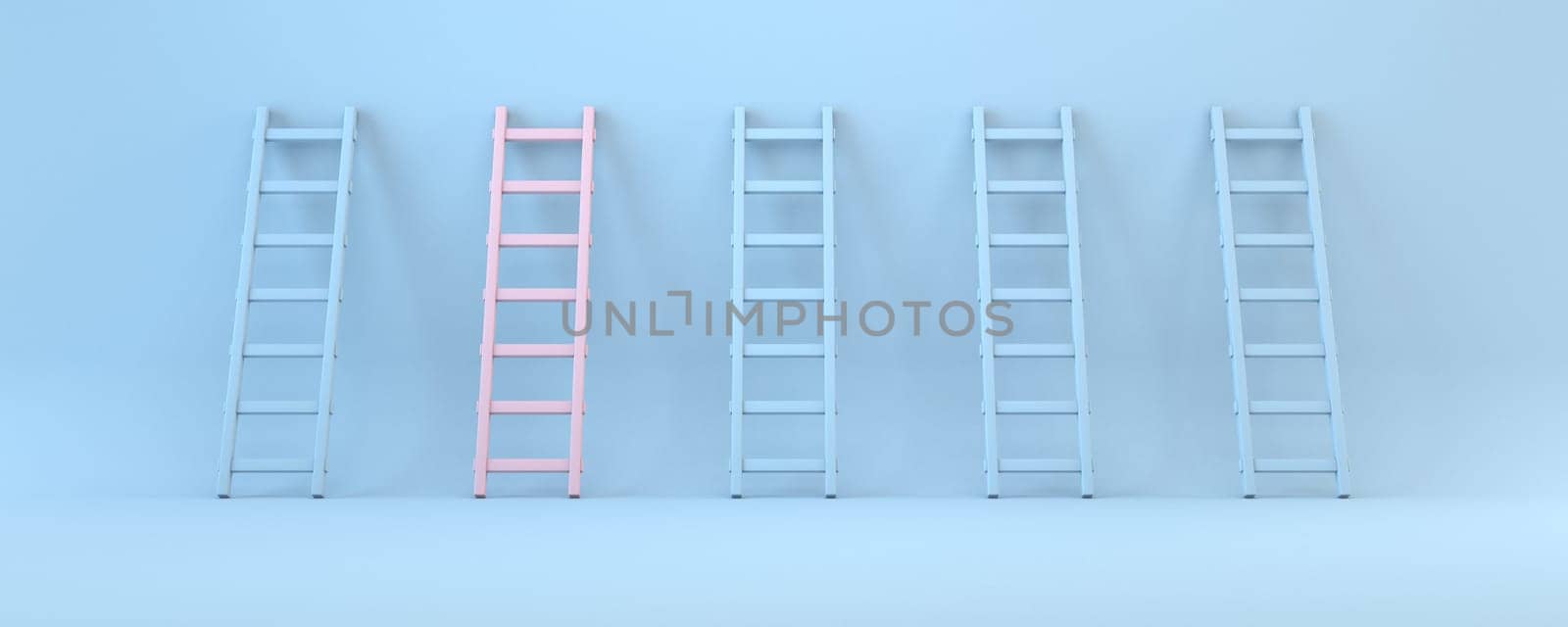 One pink ladder and four blue 3D rendering illustration isolated on blue background