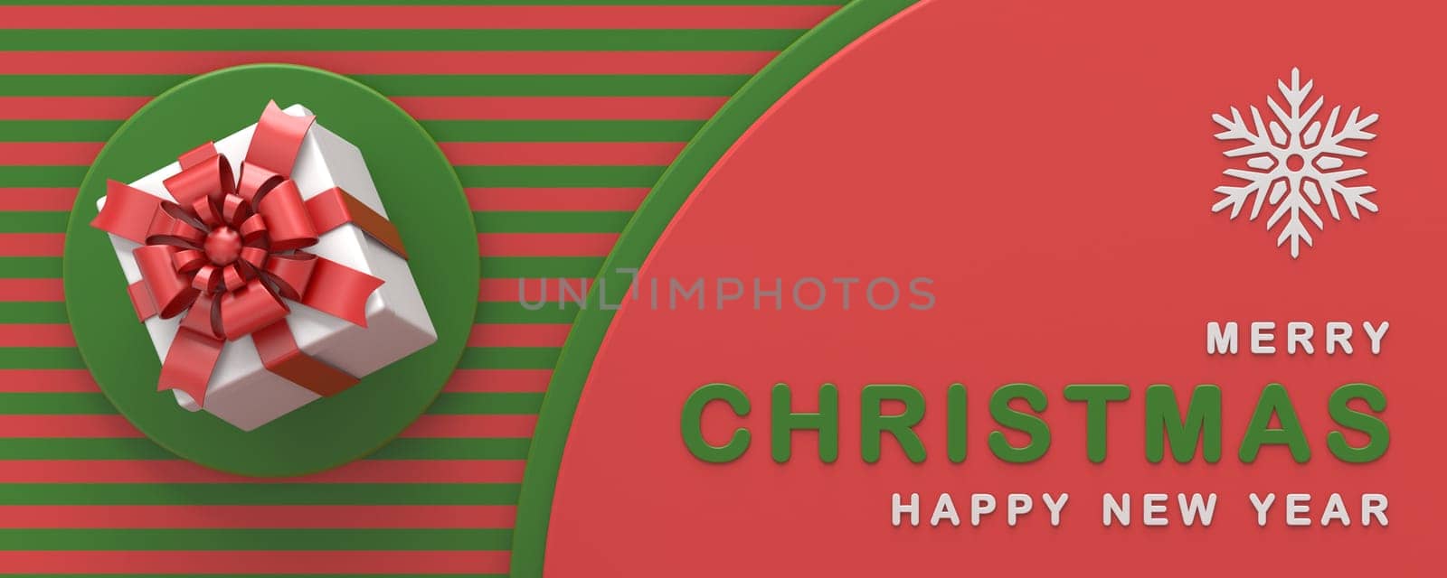 Gift box Merry Christmas and Happy New Year greeting 3D rendering illustration isolated on red background