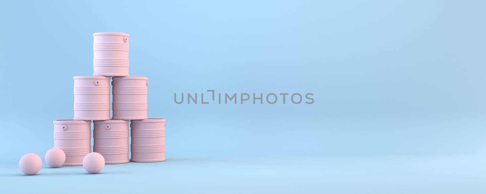 Tin cans and three balls 3D rendering illustration isolated on blue background