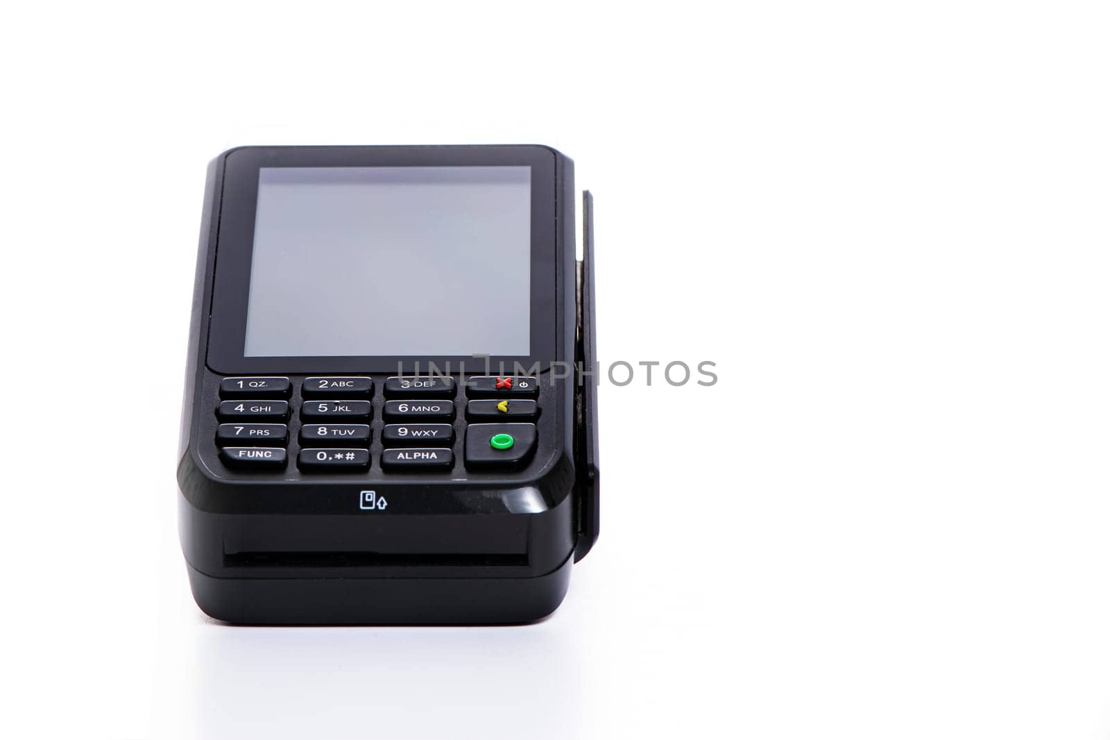 black payment terminal close-up for accepting money from plastic cards from customers on a white isolated background, copy space. High quality photo