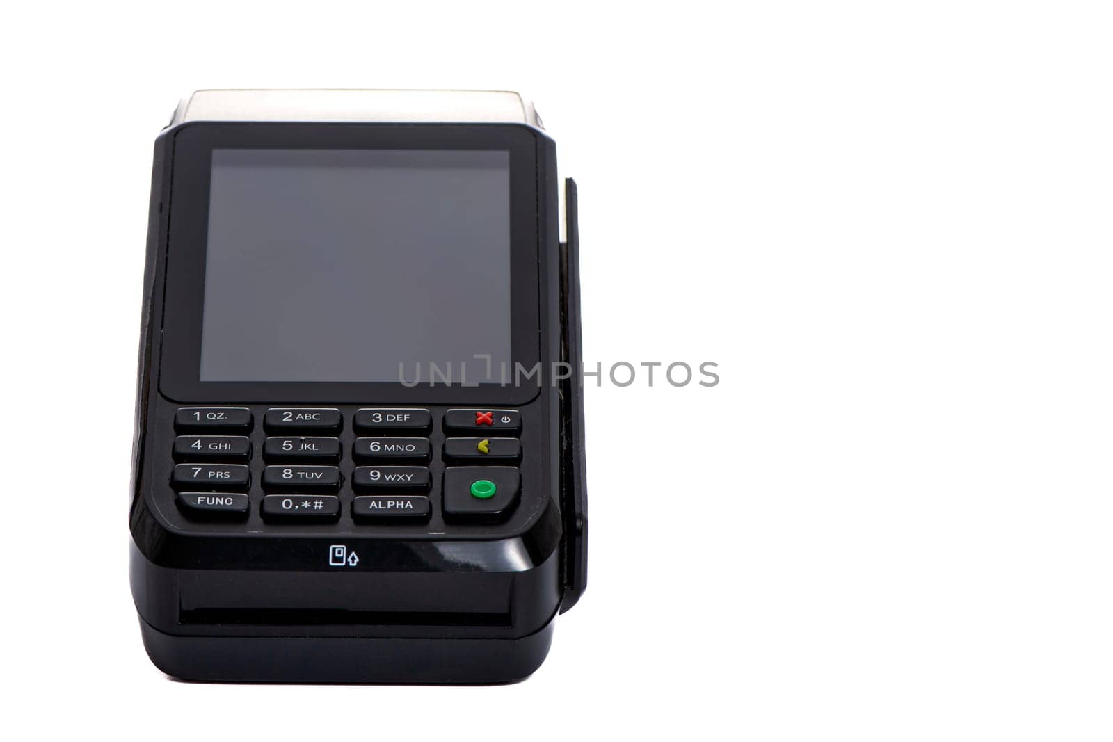 black payment terminal close-up for accepting money from plastic cards from customers on a white isolated background, copy space. High quality photo