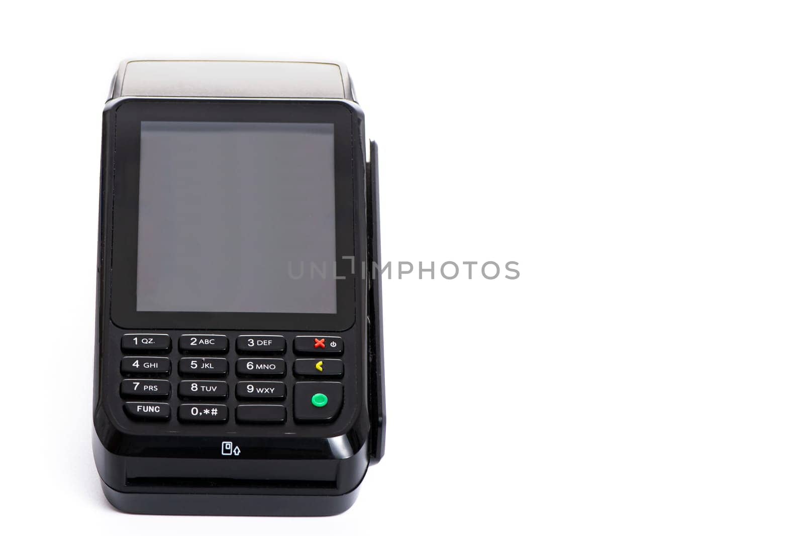 black payment terminal close-up for accepting money from plastic cards from customers on a white isolated background, copy space. High quality photo