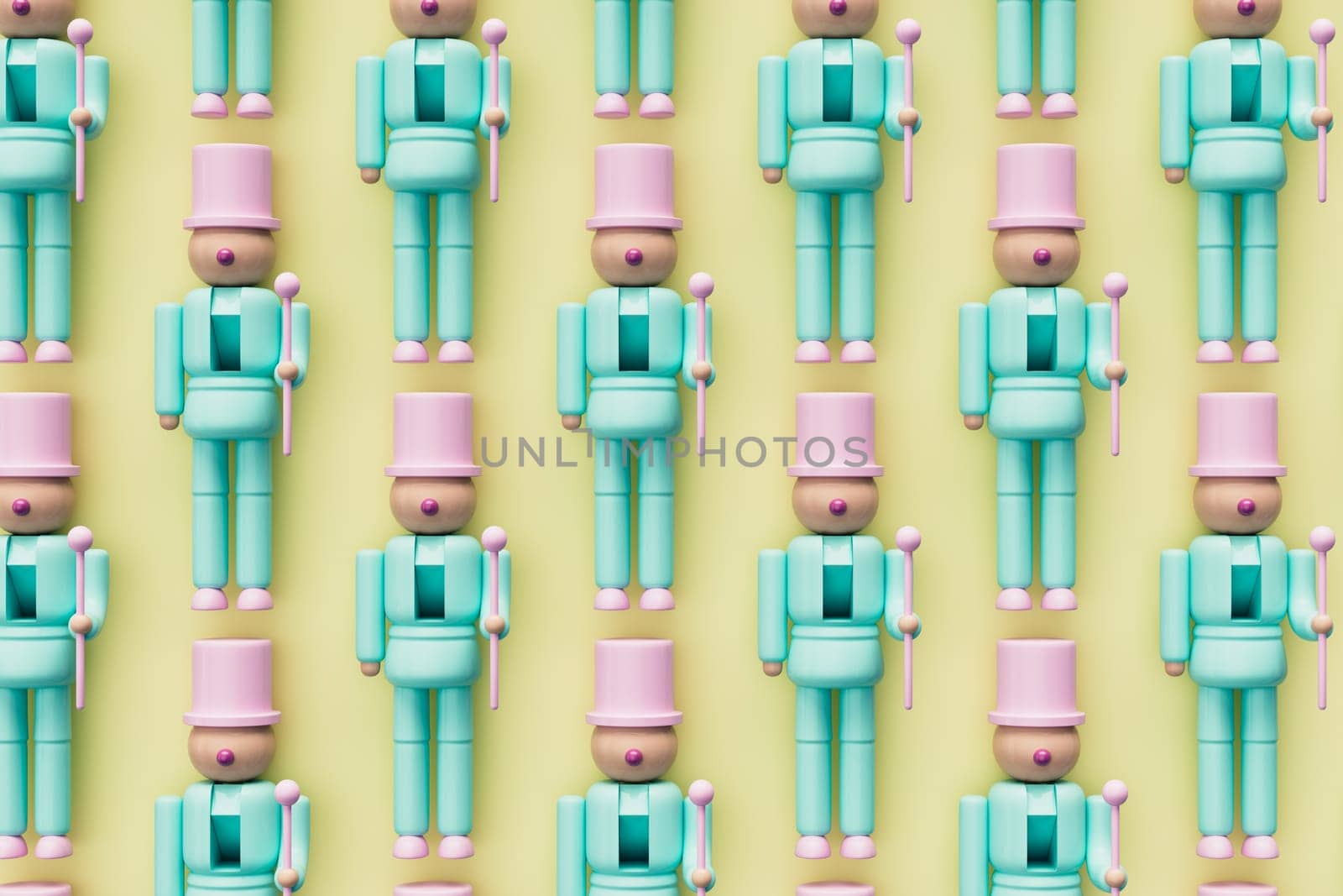 Nutcracker plastic toys flat lay arrangemant, High quality 3d illustration