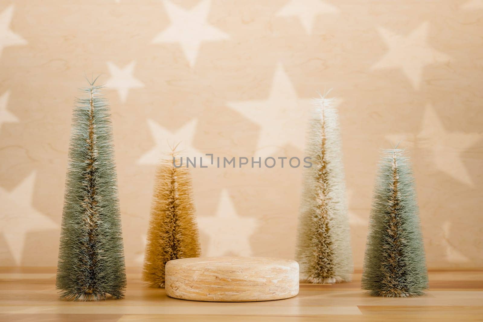 Wooden podium pedestal product mockup display with miniature Christmas trees in beige and green, 3d illustration